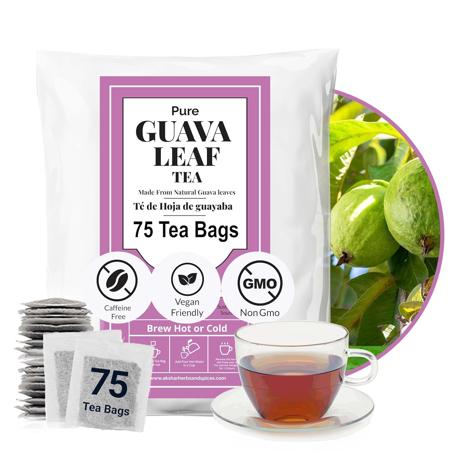 Akshit Guava Leaf Tea, 75 Tea Bags, 100% Natural Guava Leaves (Hojas De Guayaba), HerbalTea, Sugar Free, Caffeine Free, Non GMO, No Additives. 5oz