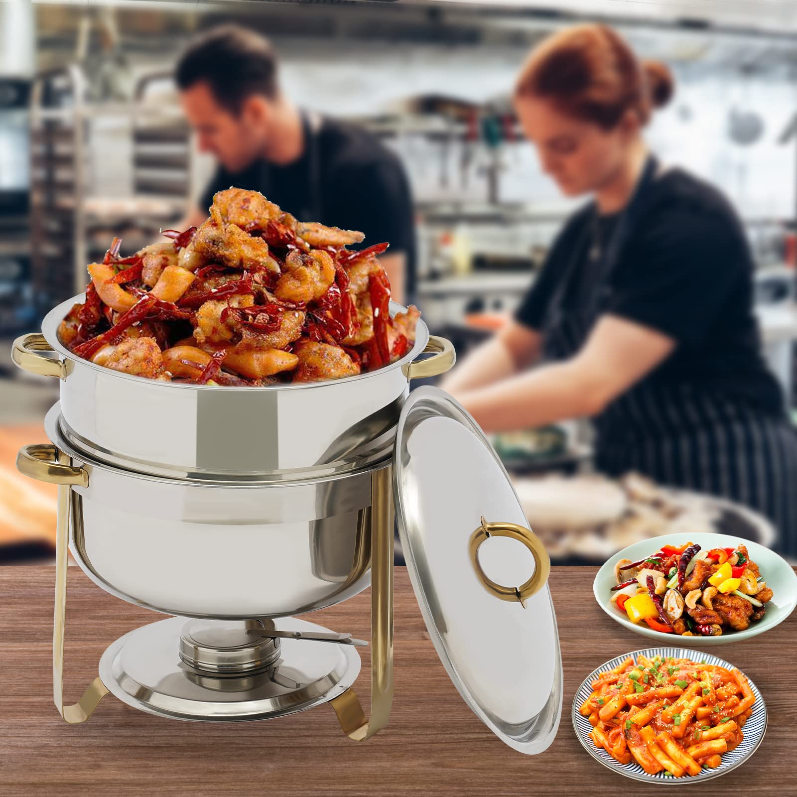 14.2Qt Round Stainless Steel Warmer Soup Pot Gold Chafing Dish Set Food Warmer Hot Pot for Celebrations Parties Catering Buffets (Gold)