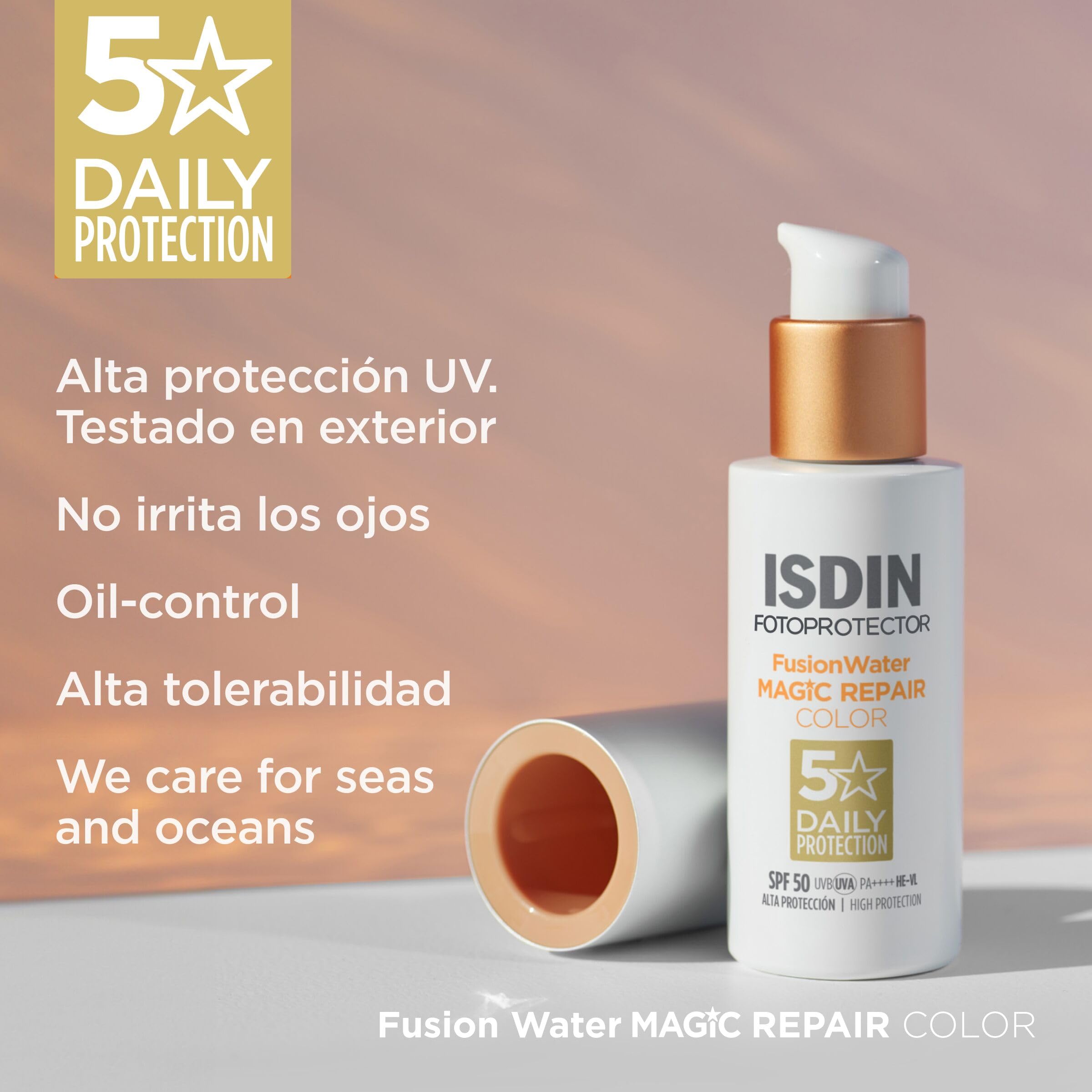 ISDIN Foto Protector Magic Repair Fusion Water Color SPF 50 - Protector solar facial con color de fase acuosa, triple acción anti-fotoenvejecimiento, 50 ml