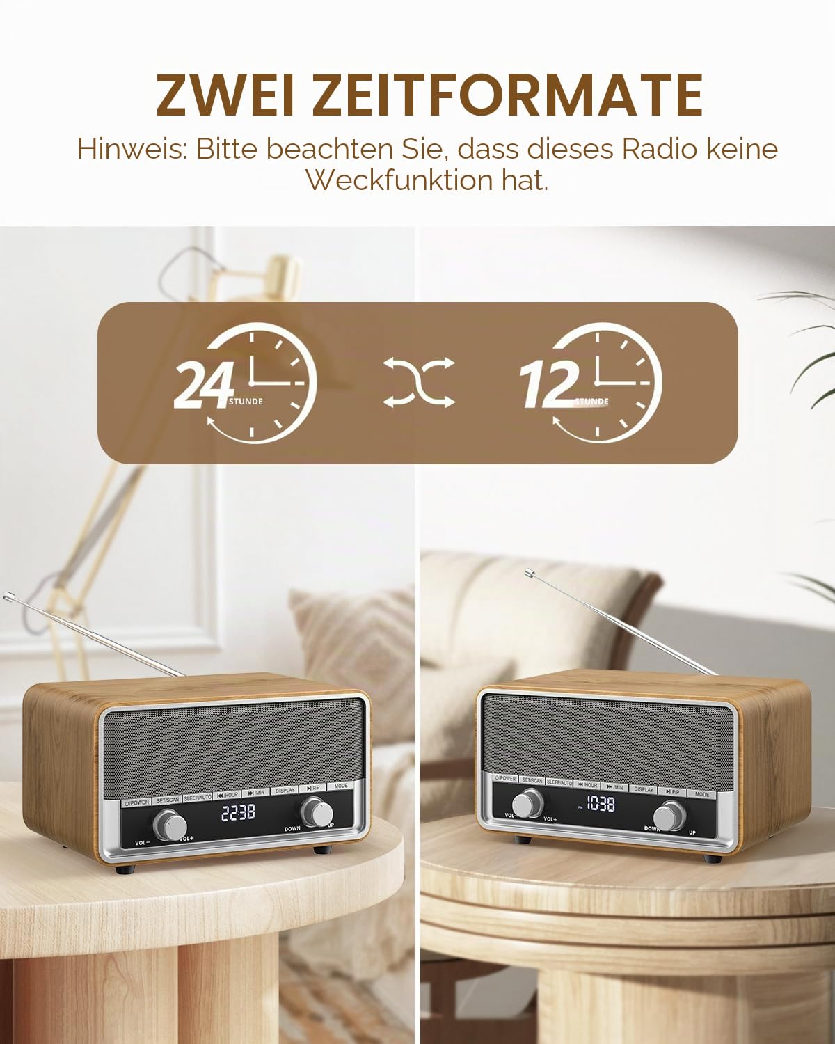 Retro AM UKW-Radio mit digitaler Wandstecker für Schlafzimmer mit LCD-Bildschirm, 40 Voreinstellungen, Schlaftimers, Retro-Bluetooth-Lautsprecher für Büro, gutes hölzernes Geschenk
