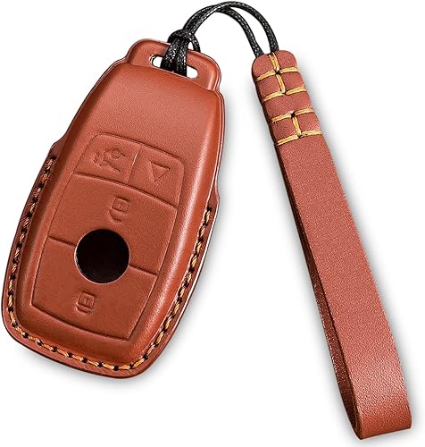Miniatura 1 de Para Mercedes Benz llavero cubierta cuero genuino con llavero, ajuste A C E S Clase G 4 botones llave remota inteligente, Marrón