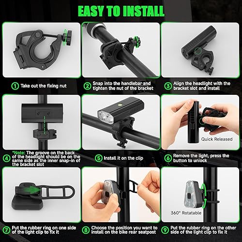 Miniatura 6 de Luces de bicicleta para conducción nocturna, 2000 lúmenes, juego de faros LED superbrillantes y luces traseras, 5+5 modos 5000 mAh USB-C recargable