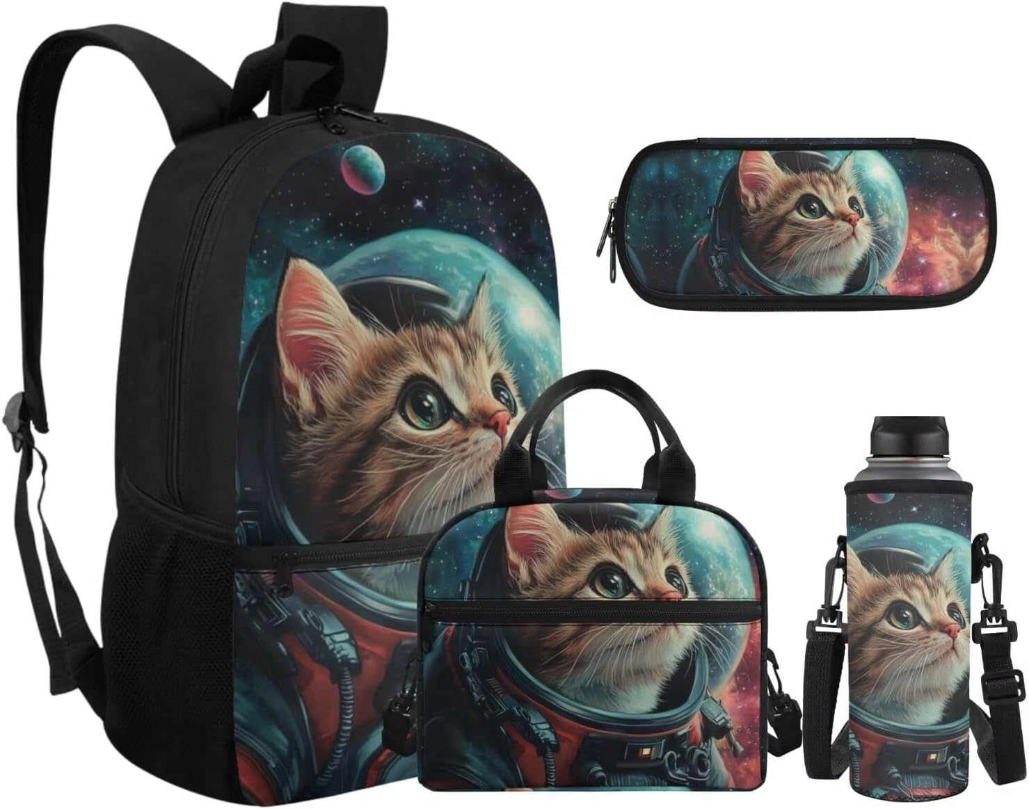 Coldinair Astronaut Cat Backpack for Boys Universe Stellar Kids Bookbag with Lunch Box Compartment Large School Bag for Preschool Elementary School 17inch Lightweight Daypack Rucksack