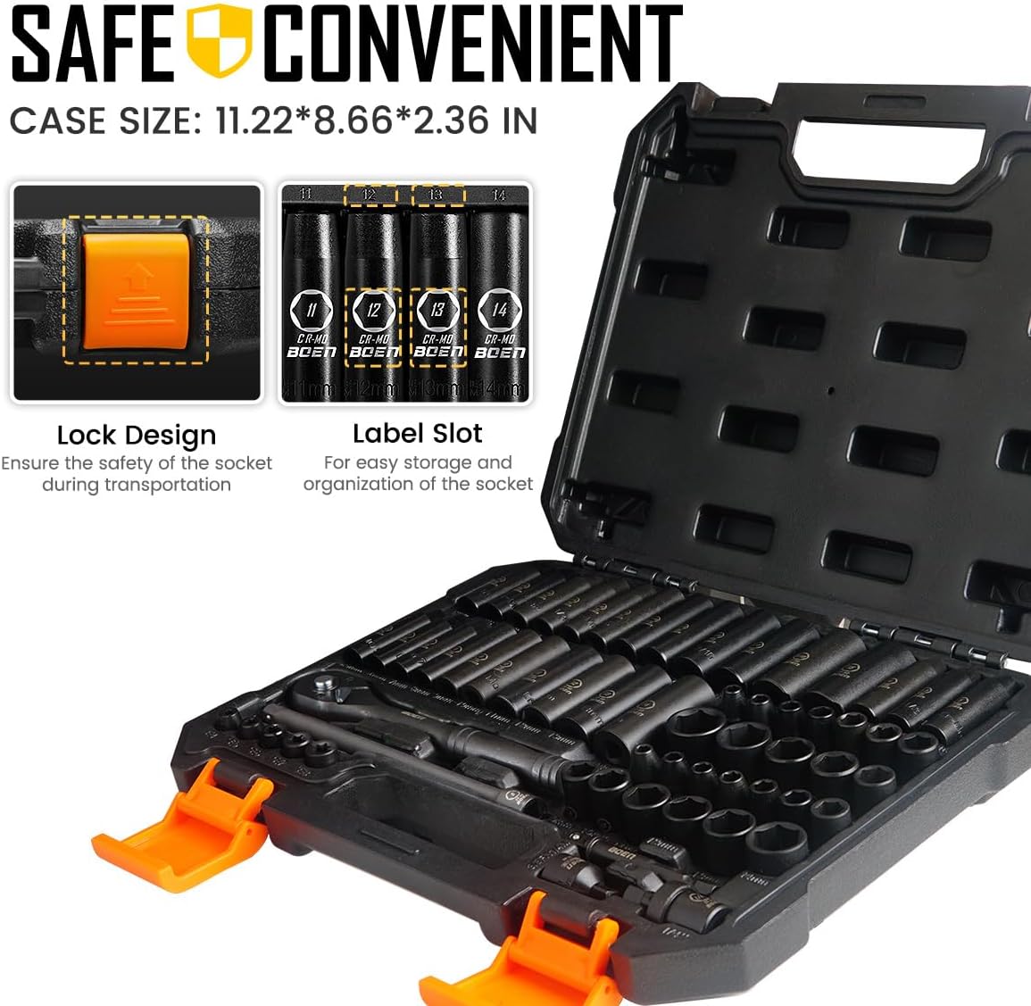 BOEN 1/4" Drive Impact Socket Set, 60-Piece Standard SAE (5/32"-9/16") & Metric (4-15mm), Cr-Mo Deep & Shallow Kit, Includes Ratchet Handle,E-torx sockets, Reducer, Extension Bar, Universal Joint