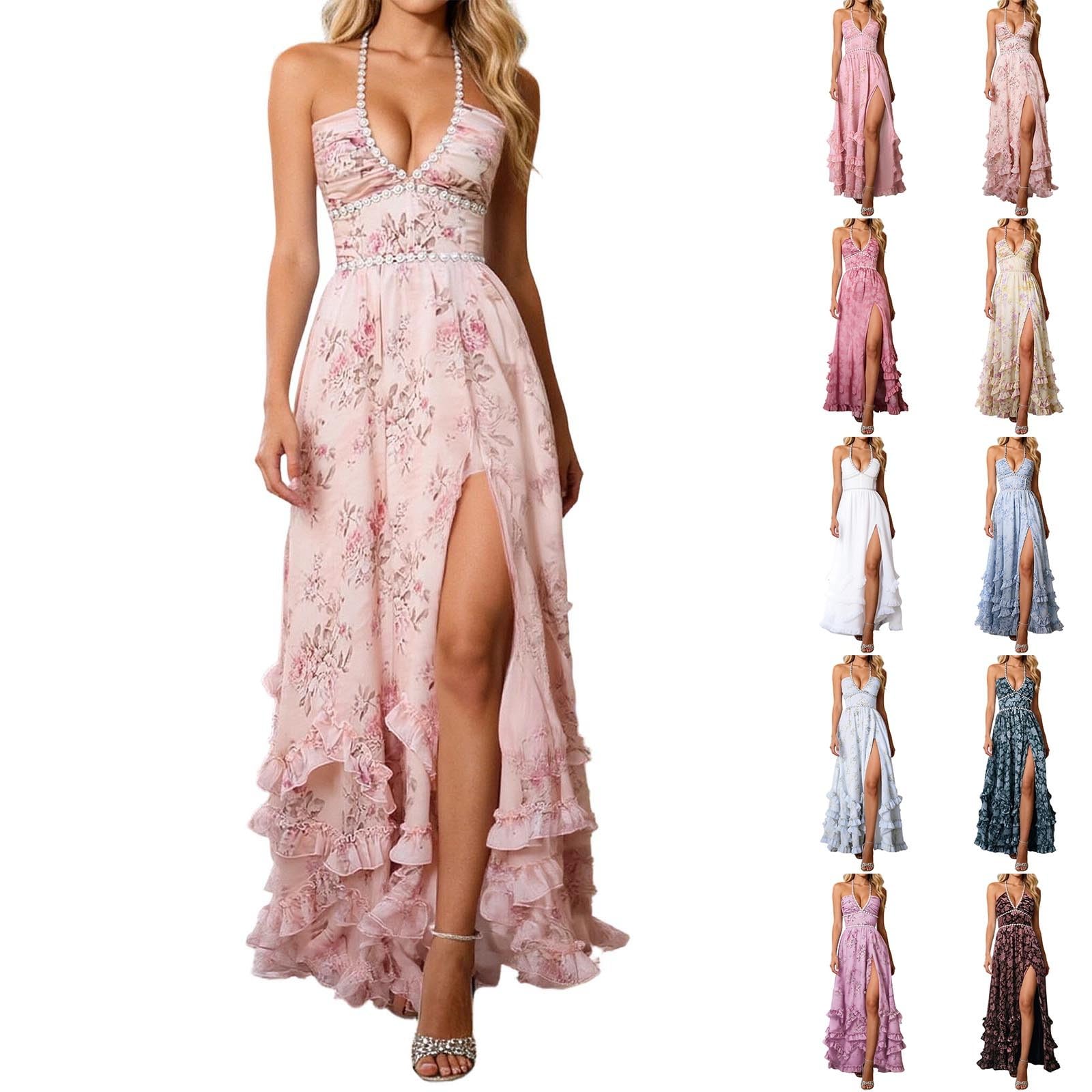 Abito da sera da donna, linea ad A, con fiori, perle, abito da cocktail, elegante abito da damigella d'onore, abito da ballo, scollo a V, in chiffon, con spacco laterale, abito da festa con schiena