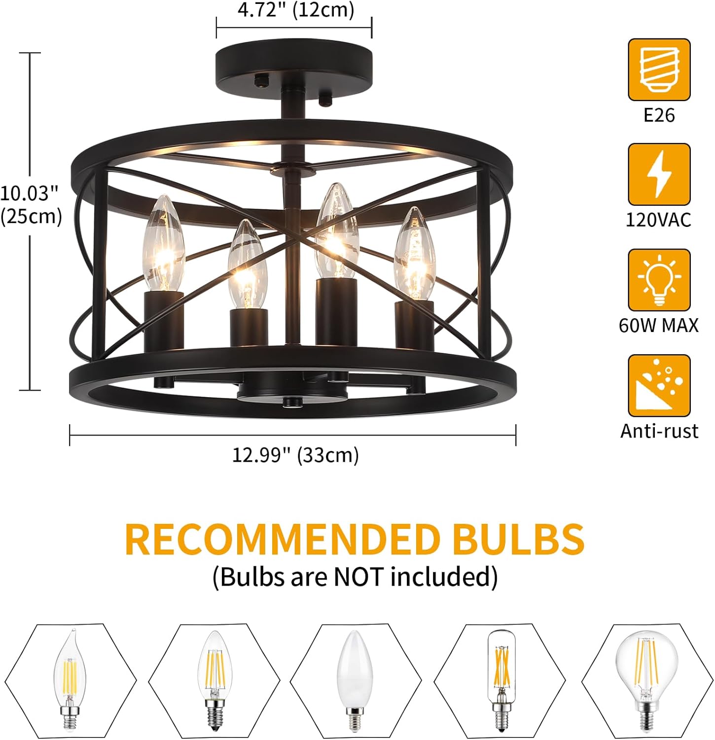 Black Semi Flush Mount Ceiling Light, 4-Light Farmhouse Modern Ceiling Light Fixture, Hallway Light Fixtures, Kitchen Lights, Ceiling Lamp for Entryway Bedroom Laundry Dining Room Lighting Fixtures