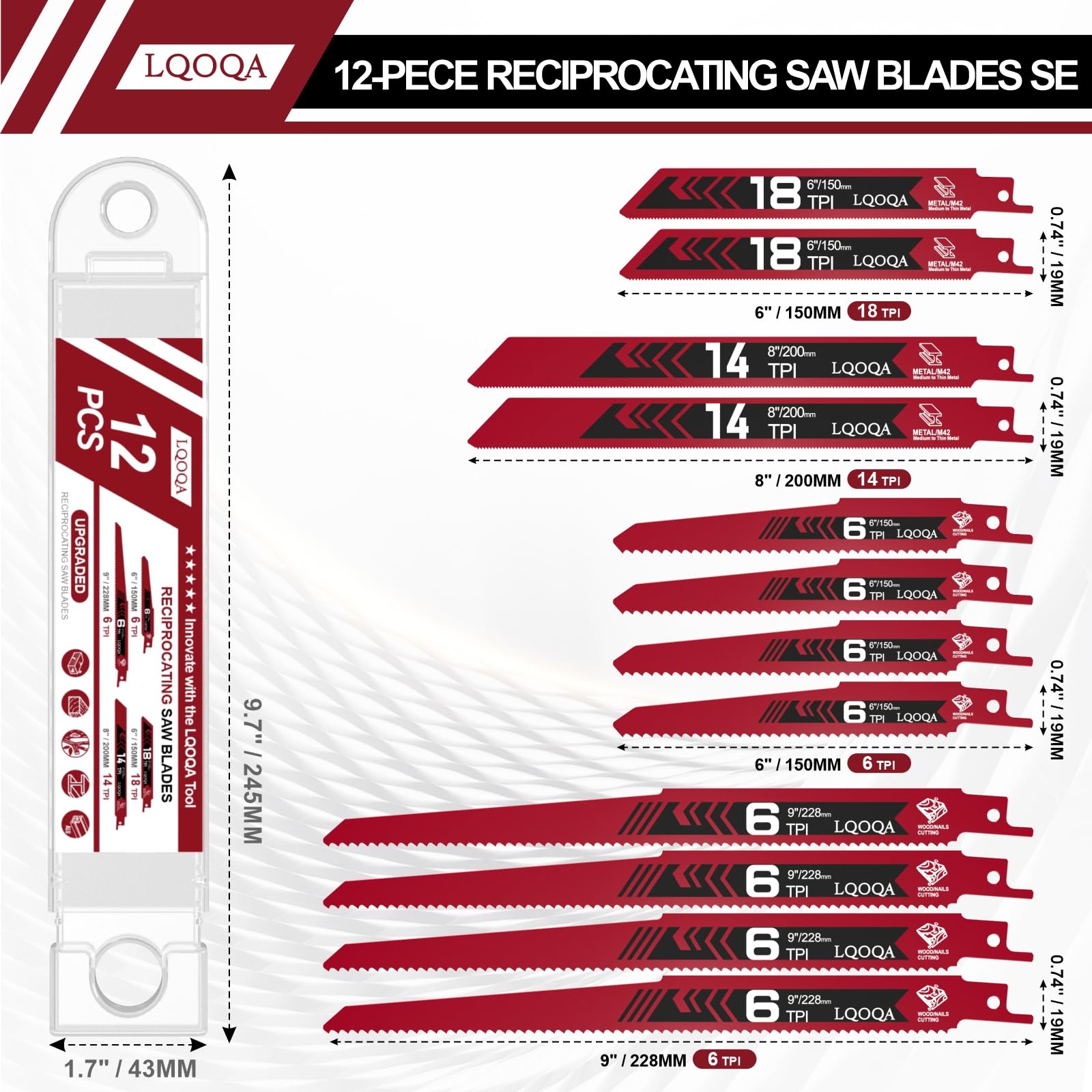 12-Piece Reciprocating Saw Blades - Wood & Metal Cutting -2