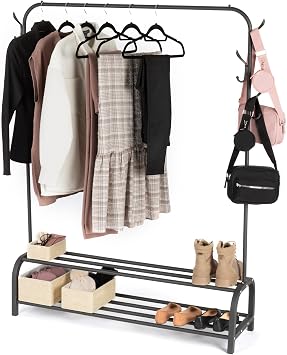 LIVIVO Freestanding Clothes Rail Garment Rack   Heavy Duty Black Metal Clothing Hanger with 2-Tier Shoe Shelf & Hooks   Matte Finish Drying Rack for Bedroom, Hallway, Laundry or Retail Use