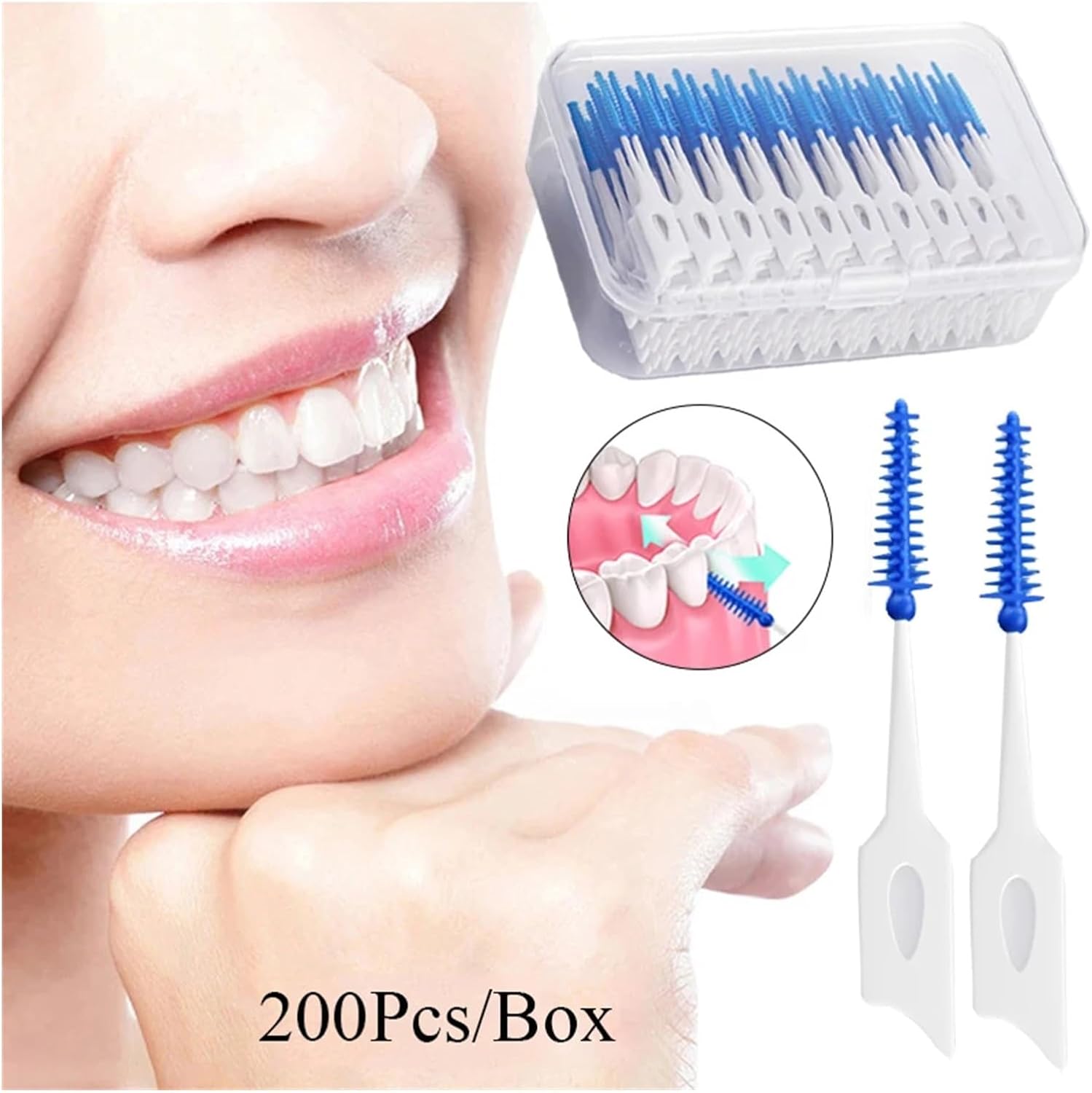 Manual Toothbrush Interdental Brushes 200 Units Dental Toothpicks Brush Between Teeth with Thread Cleaning Tools Toothbrush(Blue)