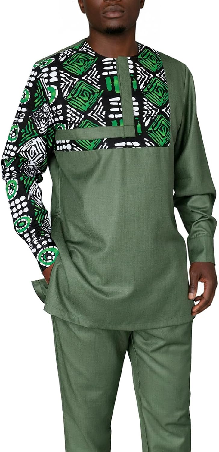 African Suits for Men Slim Fit Patchwork 2 Piece Set Fashion Outfit Nigerian Dashiki Wedding Clothing Attire
