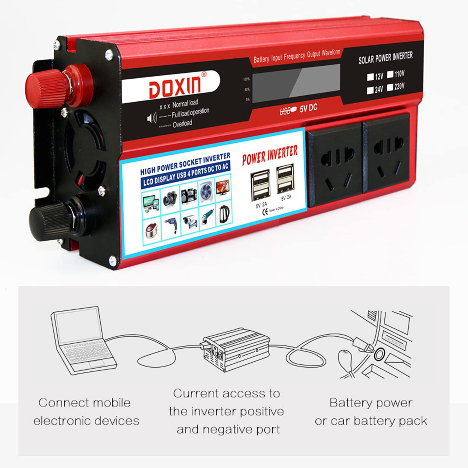 Przetwornica Napięcia DC 12V 24V do AC 110V 220V Przetwornica Napięcia z 4 ładowarkami USB, Przetwornica Samochodowa Używana do Laptopa, Tabletu, Szczytowa 2000W,24V-220V