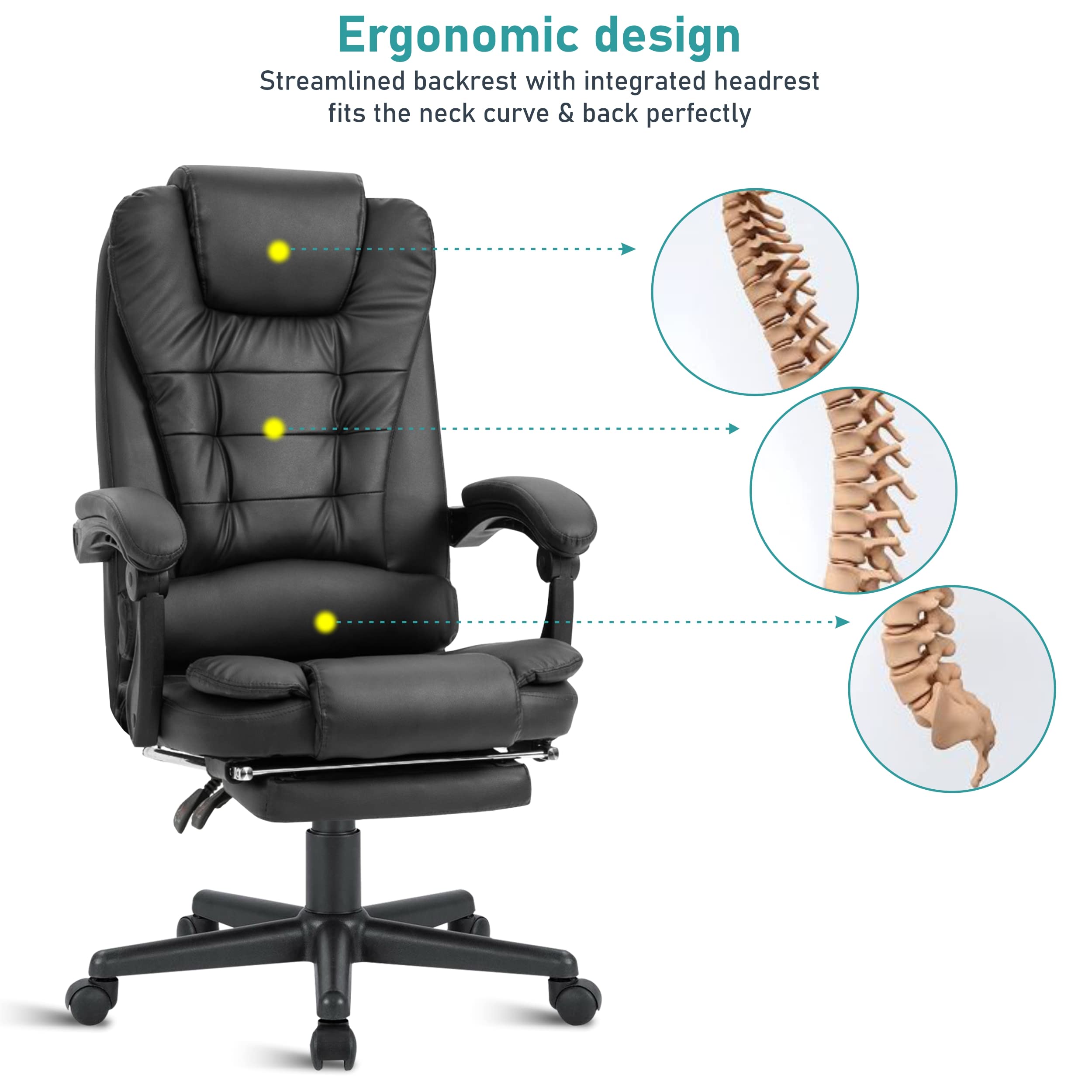 2 point Recliner Massage Office Chair Black, Executive Office Chair with Footrest, Swivel