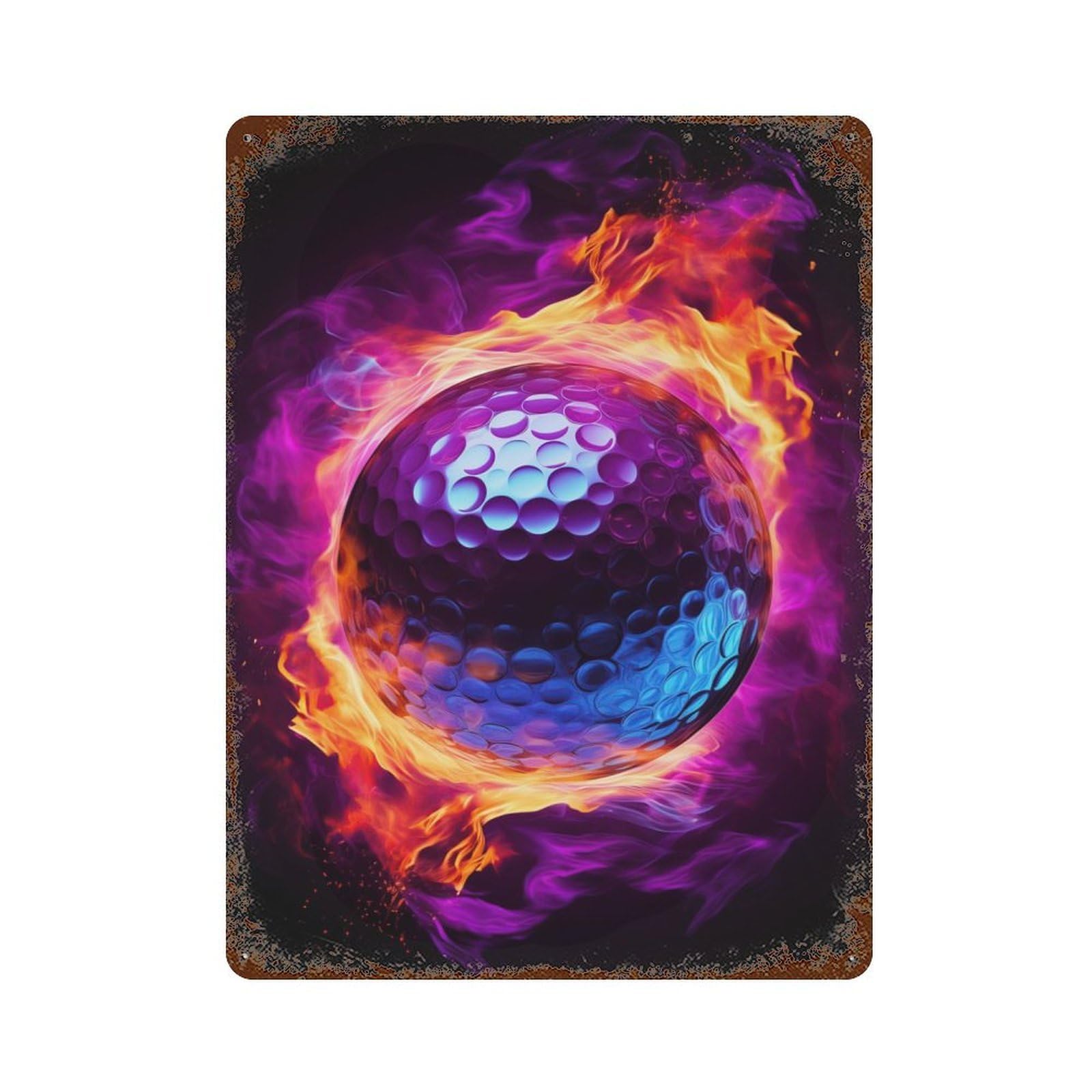 Weathered Tin Sign with Flame Engulfed Golf Ball Design 15.7"x11.8", for Garage, Bar And Workshop Decor, Decorative Metal Wall Art