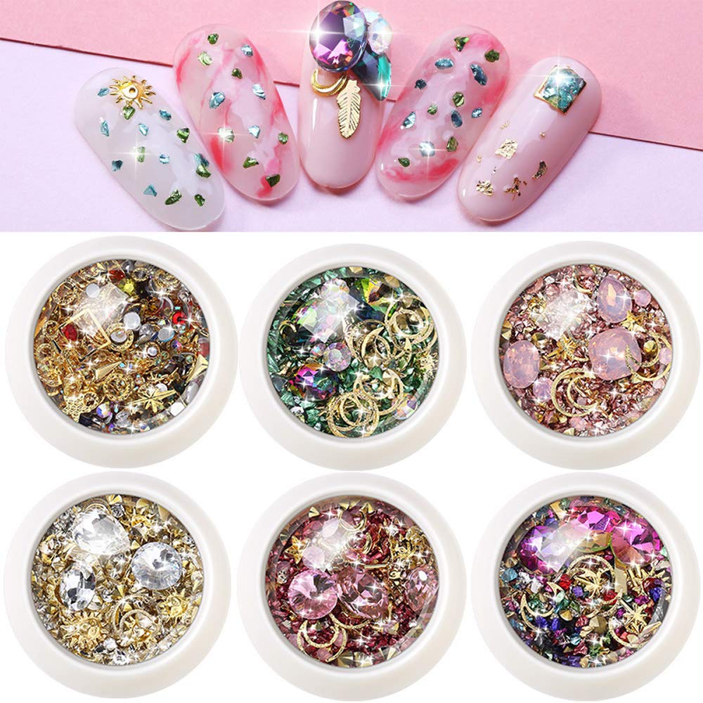 Macute Nail Charms Gems 3D Nail Art Rhinestones Studs for Women 6 Wheels Mixed Nail Crystals Rivets Diamond Sparkle Metal Hollow Moon Star Shaped Jewels Beads for DIY Manicure Supplies Tip Accessories
