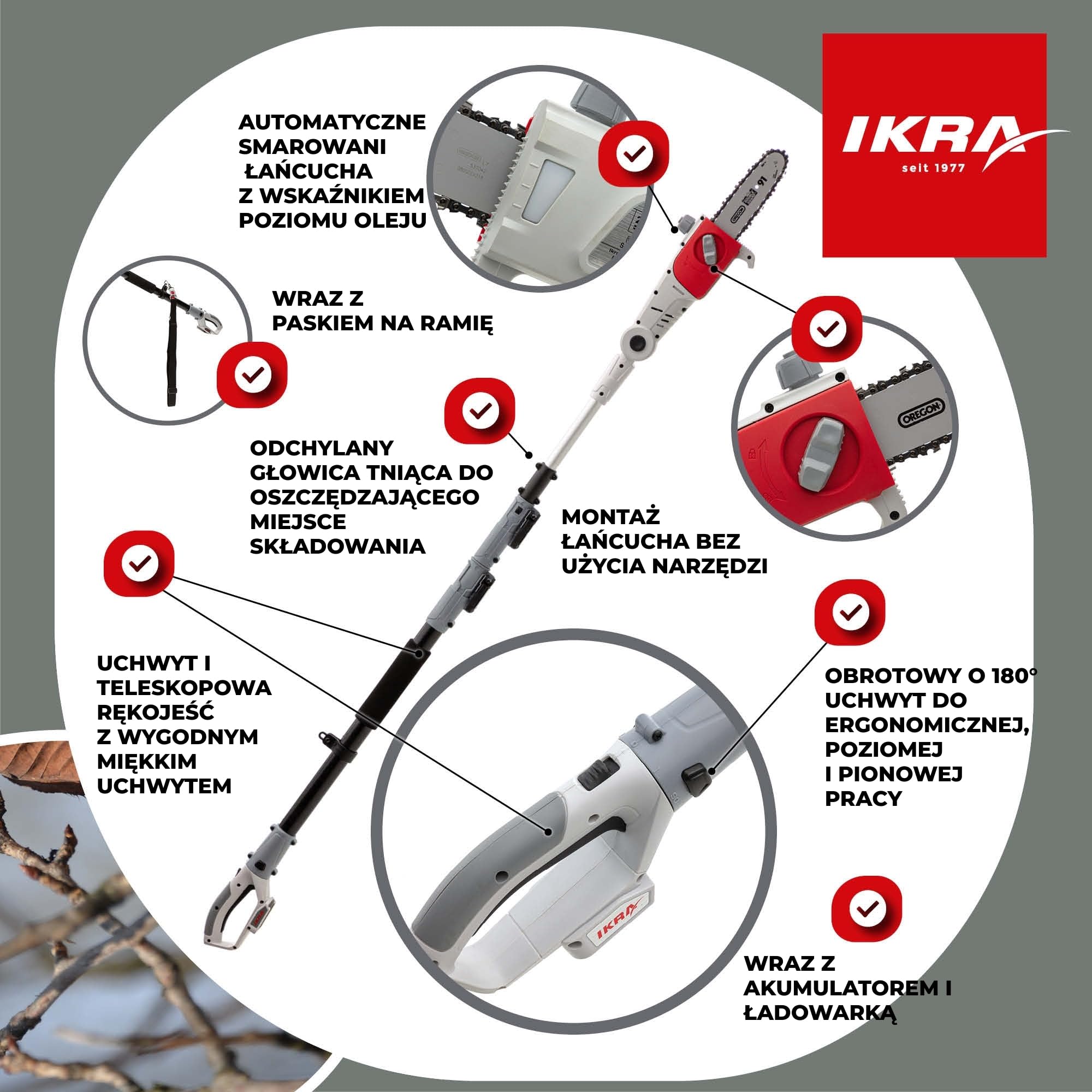 IKRA Piła teleskopowa do gałęzi ICPS 2020 z akumulatorem i ładowarką | Długość prowadnicy 20 cm, zasięg pracy do 4 m, lekka konstrukcja, obrotowy uchwyt 180°, kompatybilna z akumulatorami IKRA 20V
