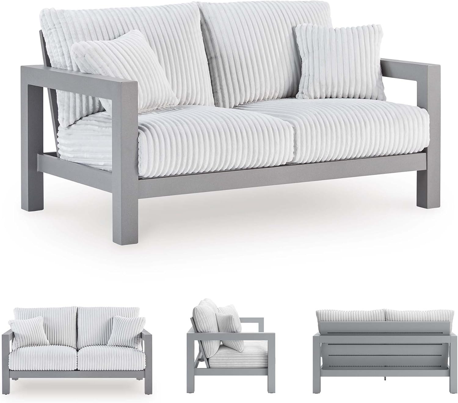 Signature Design by Ashley Moonlight View Contemporary Outdoor Nuvella Weather Resistant Fabric Loveseat with Cushion and 2 Throw Pillows, White & Light Gray
