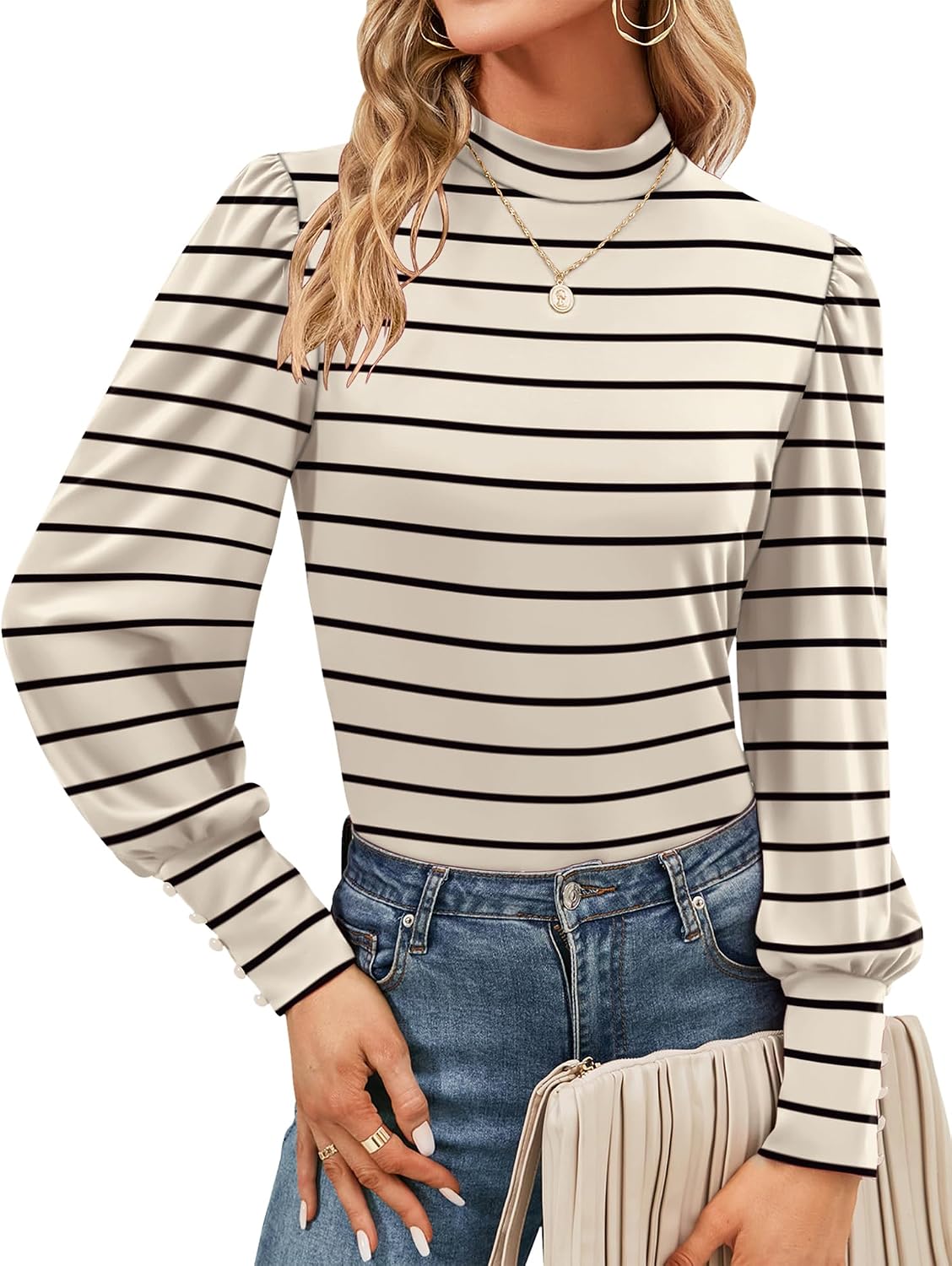 Womens Mock Neck Puff Long Sleeve Tops Casual Loose Solid Basic T Shirt Button Cuffs Pullovers Shirts Blouse