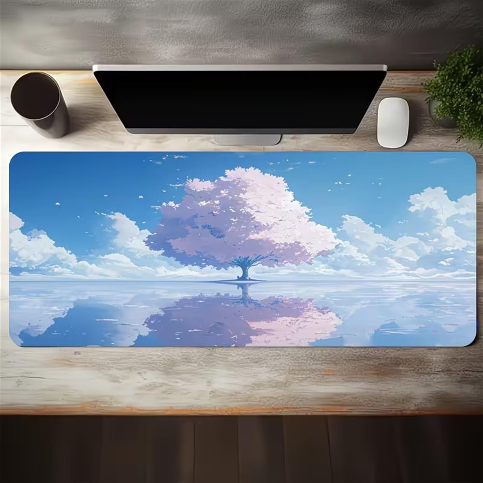 Tappetino Mouse XXL 700x400x3mm Riflessione di un albero in stile anime tappetino per mouse Gaming,Base Antiscivolo,con Bordi Cuciti,Sottomano Grande Dimensione per Uffici e Scrivanie da Gioco