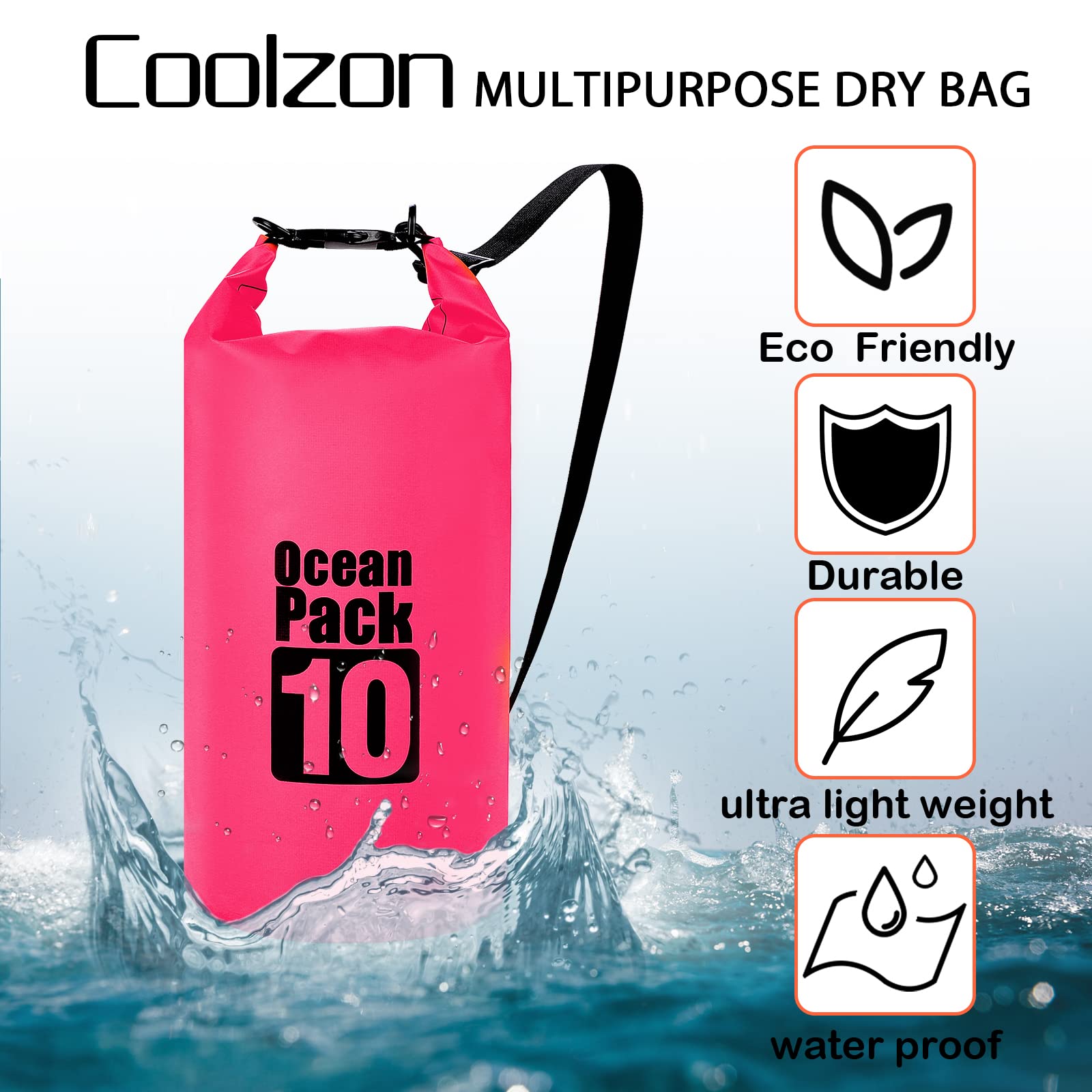 Coolzon Borsa Impermeabile-Sacca Impermeabile con Custodia Impermeabile per Cellulare, Sacca Stagna con Tracolla Regolabile per Kayak Rafting Canottaggio Campeggio Viaggiare Nuoto, 10L Rosa