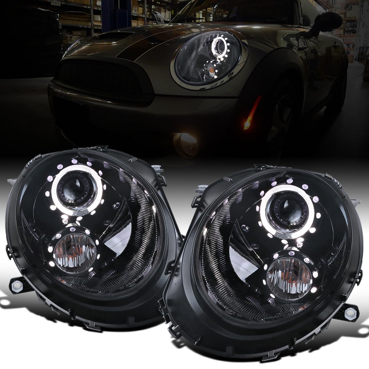 Ronnin - Fits 2007-2015 Mini Cooper R55 R56 R57 R58 R59 Upgraded LED Halo Rim Projector Headlights Assembly Pair | Black Smoke