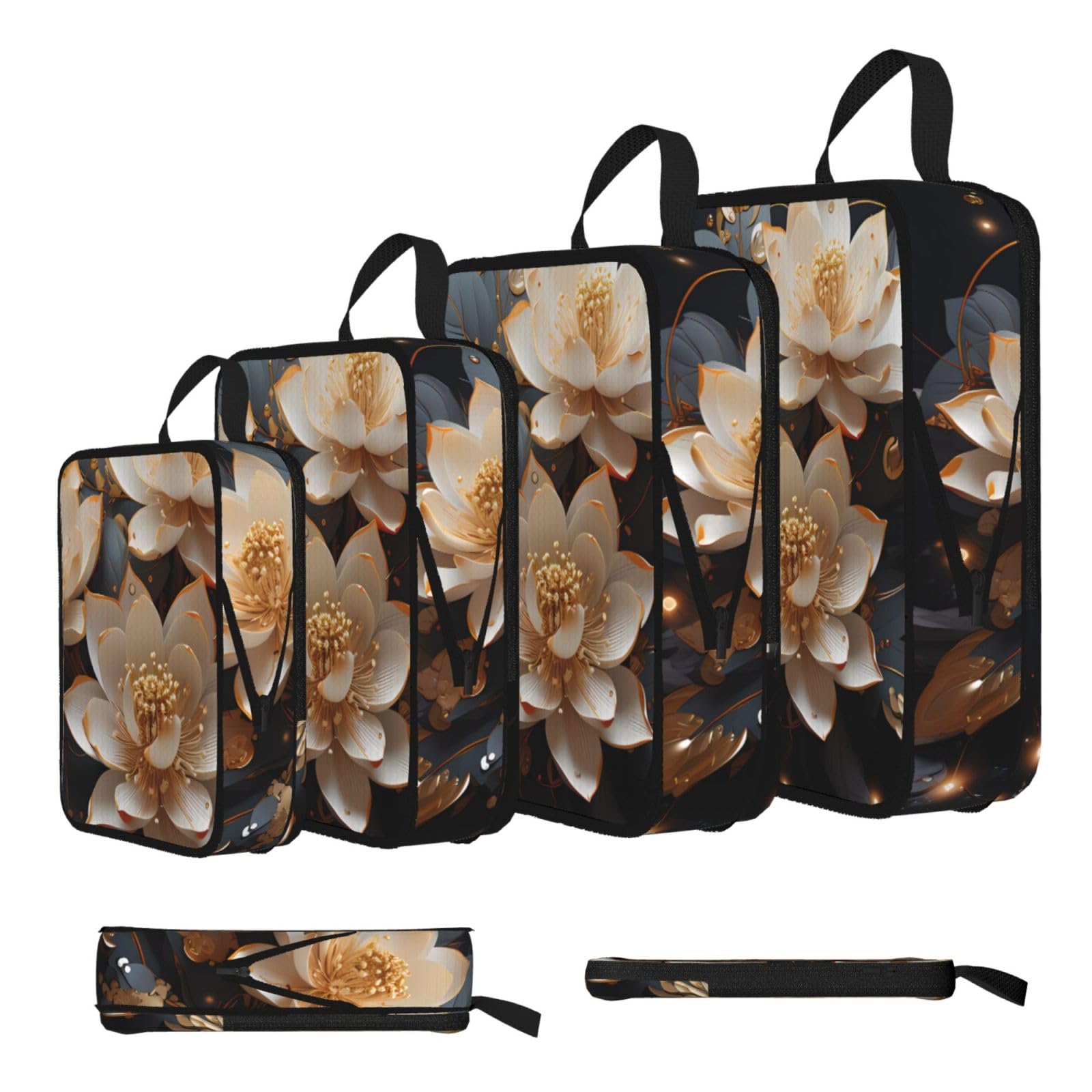 Sxzvvbn Black Bohemian Golden Lotus Compression Packing Cubes 4 Piece Set