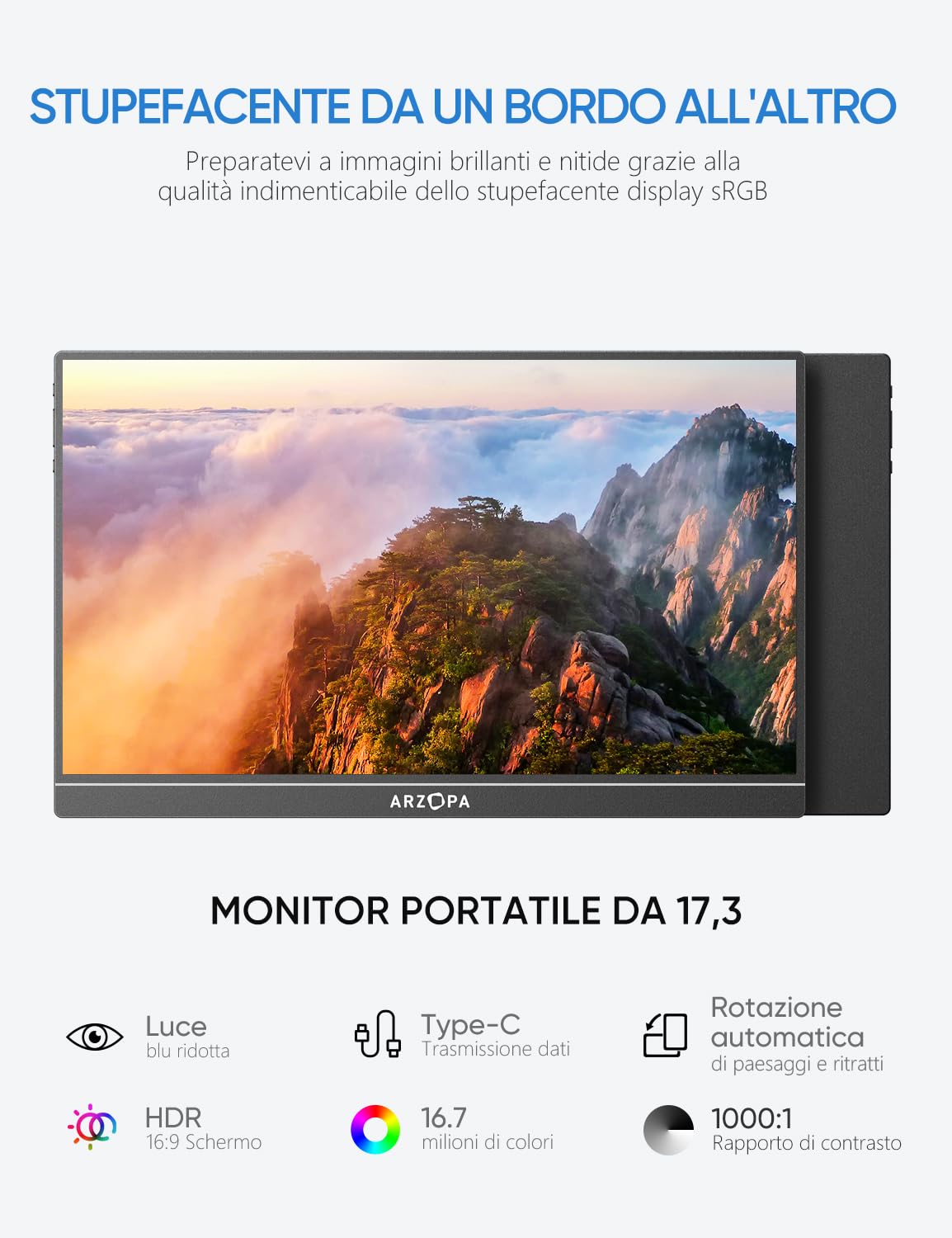 ARZOPA Monitor Portatile, 17,3 Pollici Portable Monitor, 1920x1080 FHD, IPS con HDMI/Type-C/USB-C, Mini Schermo Portatile, Doppio Altoparlante Integrato per laptop/PC/Mac/PS5 /Xbox