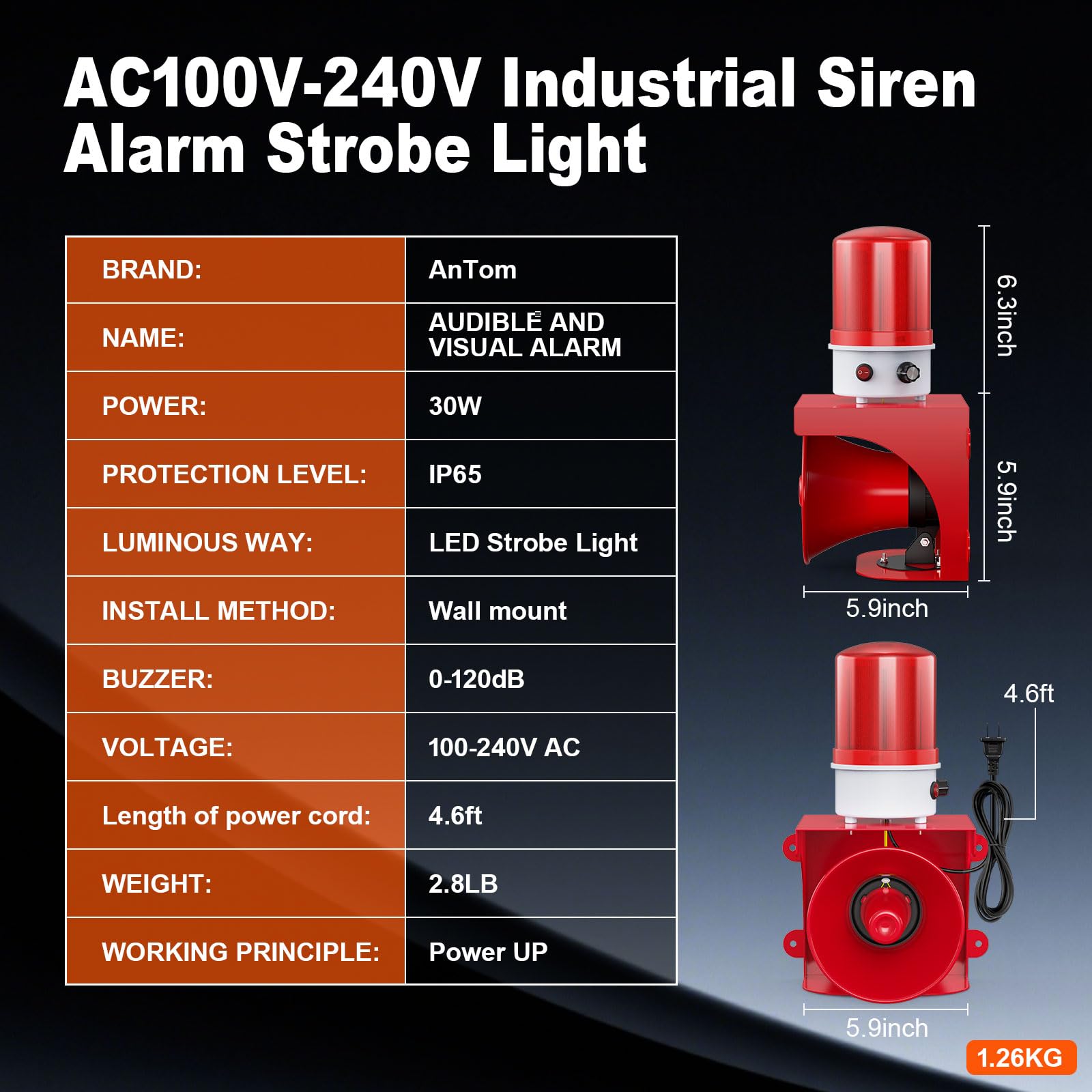 Sirena industrial de alarma de sonido y luz, 0-120dB ajustable, IP65 impermeable, rango de advertencia de 100-150 metros para fábrica/almacén/escuela/oficina, sirena de seguridad de emergencia, alarma