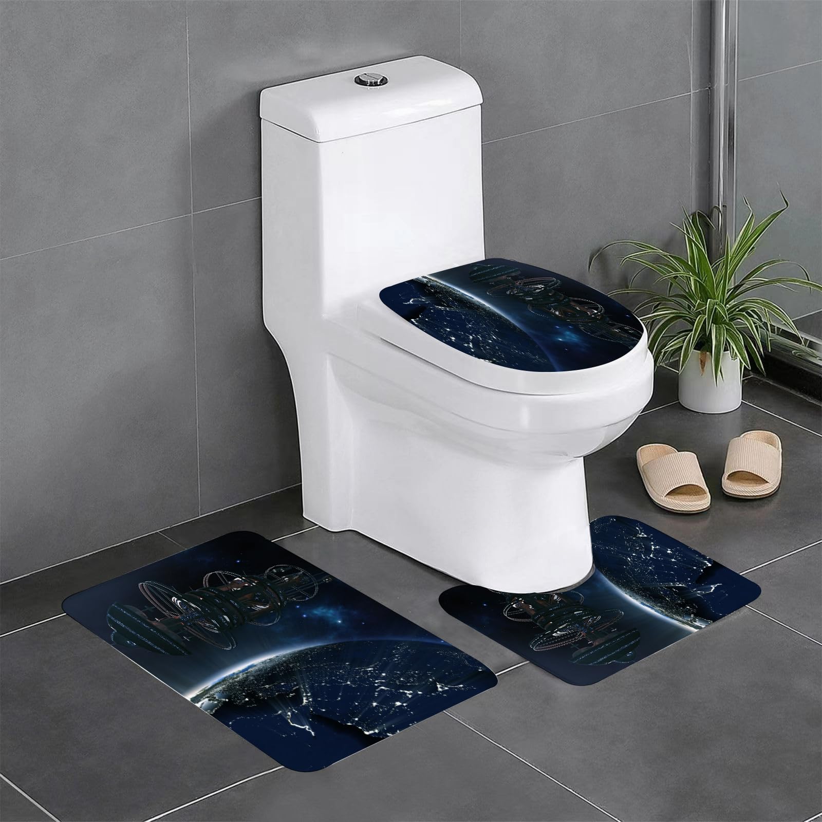 EYLOZS Bathroom Set, Rugs Sets 3 Piece,Anti-Slip, Powerful spacestation with city lighted earth globe,Absorbent Bath Mat for Tub, Shower, Room, Kitchen