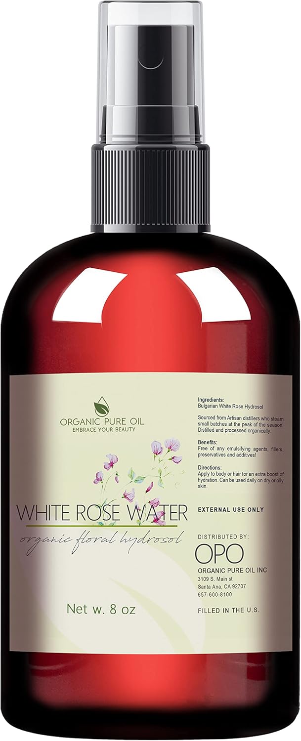 White Rose Water Hydrosol – Pure Natural Distilled Bulgarian Rosewater Vegan Bulk Hydrating Spray Mist Spritz Toner Face Hair Skin Pores Locs Dreads – Packaging May Vary (8 oz & Sprayer)