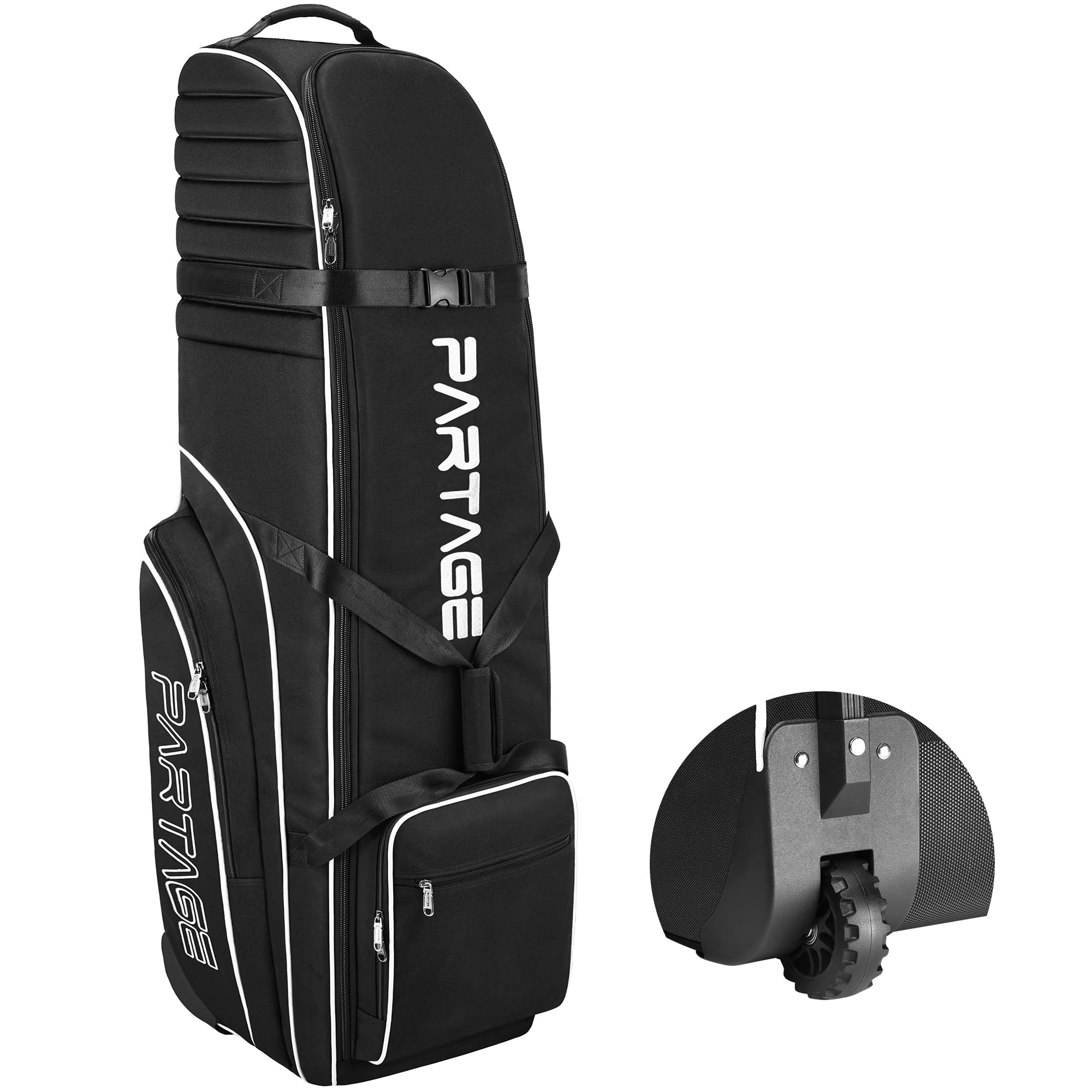 PARTAGE + Golf Travel Bag with Wheels - Heavy Duty 900D Oxford Travel Golf Bag, Travel Cover Lightweight & Easy to Maneuver, with Shoes & Accessories Compartment (Black)