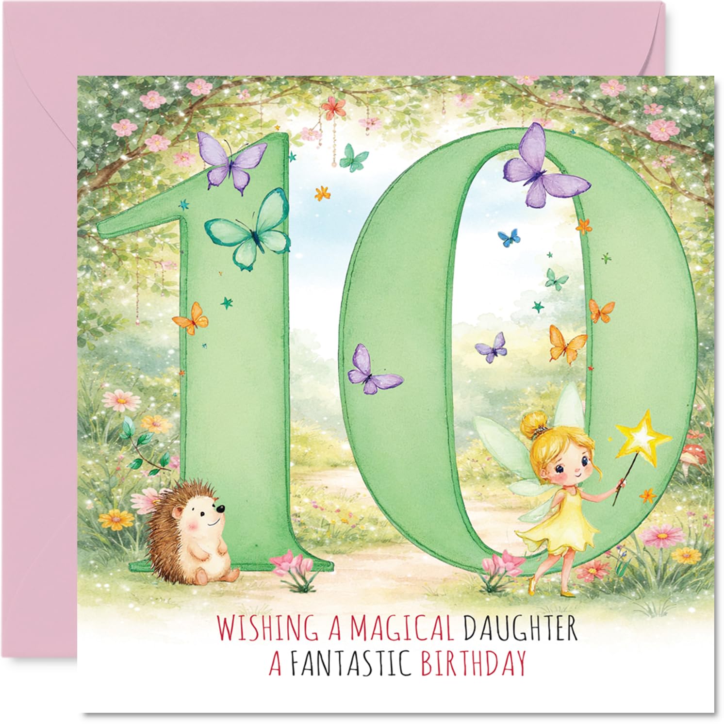 Sweet 10th Birthday Card for Daughter - Sprinkle of Birthday Magic - Whimsical Fairy with Butterflies and a Bold Pink '10' - 145mm Square, Envelope Included