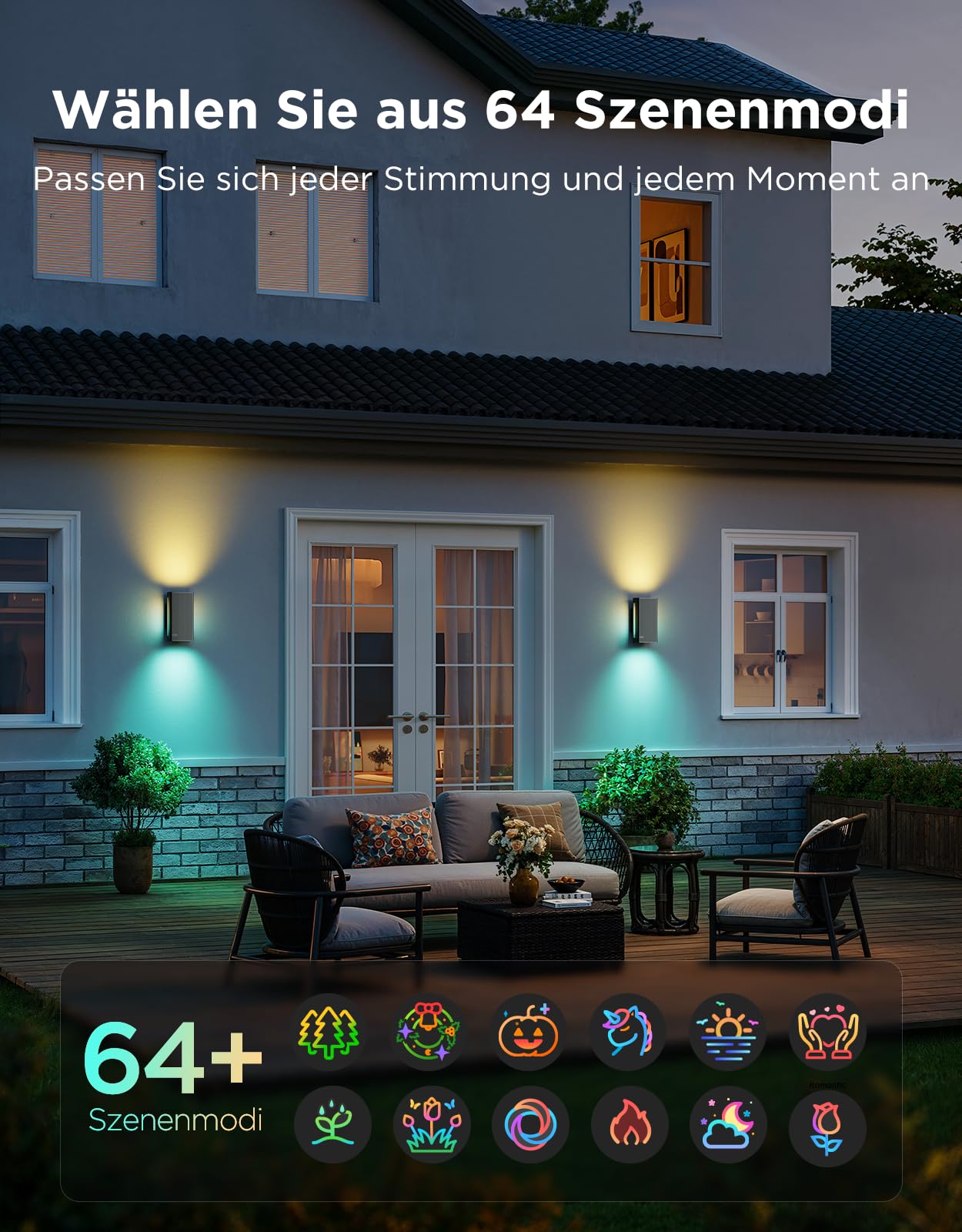 Govee Outdoor UpDown Wandleuchte, 1400lm RGBICWW Wandlamp, IP66, 2 Stück | 2700K–6500K UpDown Außenwandleuchte mit 64 Szenen, DIY-Farben, Funktioniert Matter/Alexa/Google, Veranda, Balkon, Terrasse