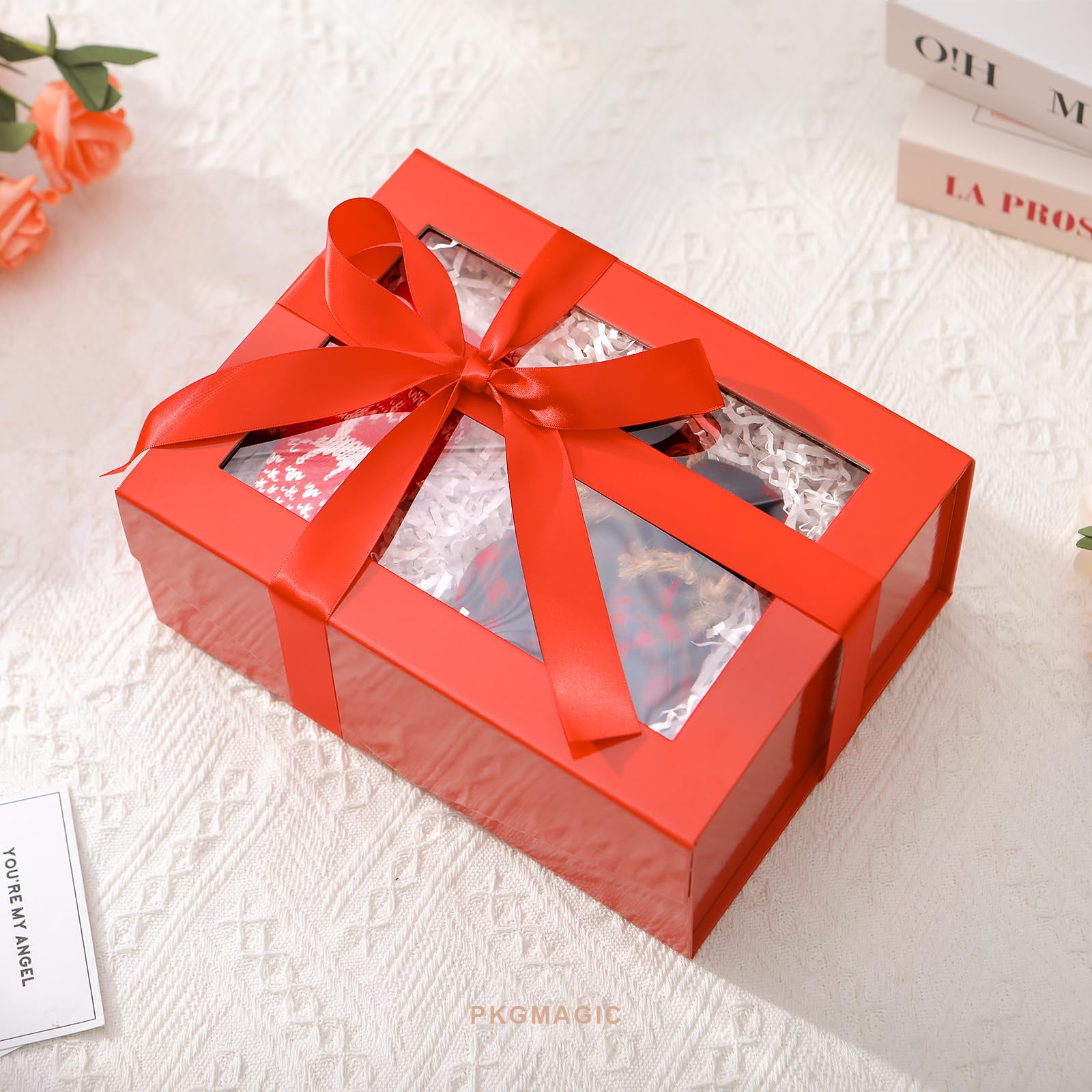 PKGMAGIC 5 rote Geschenkboxen mit Fenster, 22,8 x 16,5 x 9,6 cm, klare Geschenkboxen für die Präsenz, Geschenkboxen für Brautjungfer, Geschenkboxen mit magnetischem Deckel