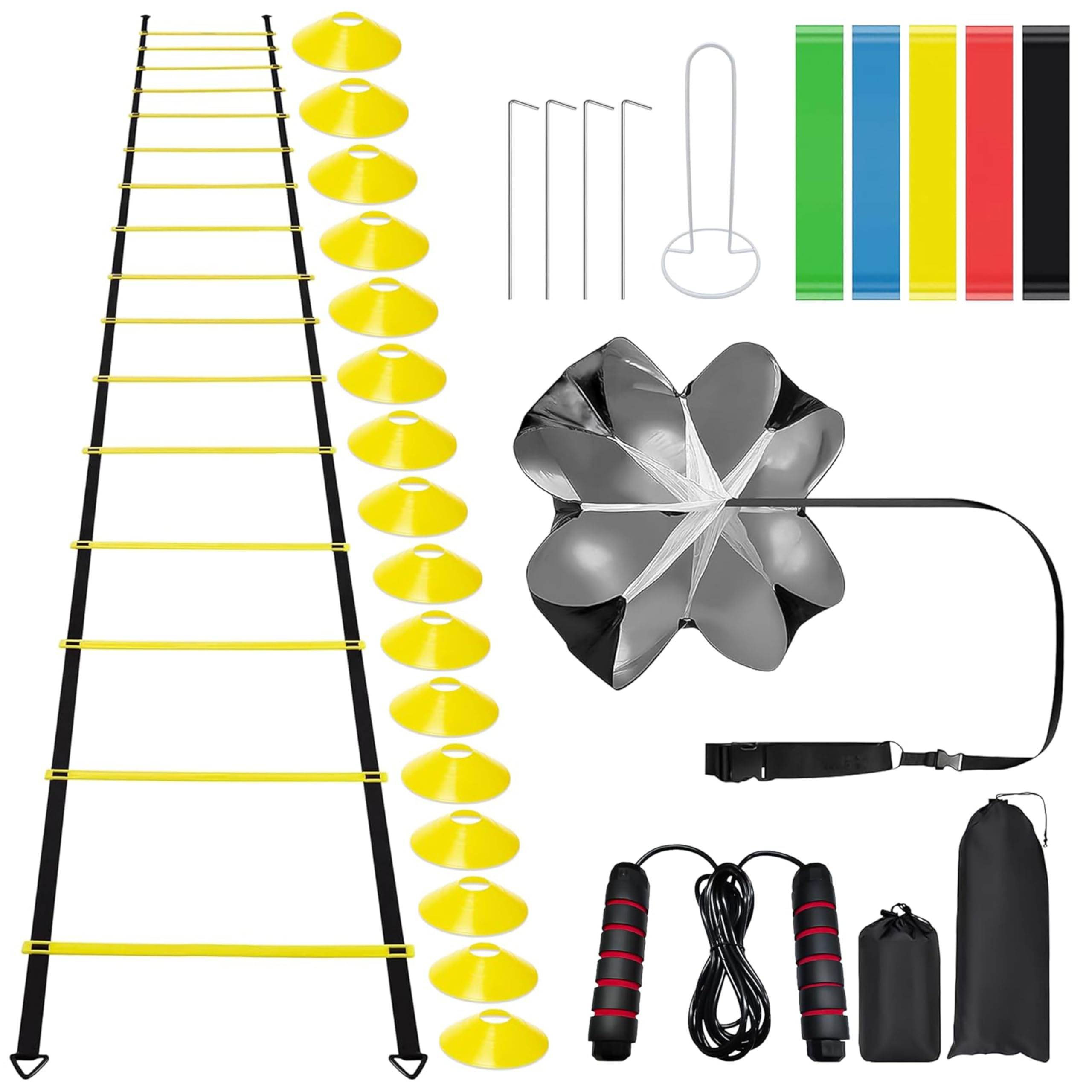 Kit Entrenamiento Fútbol con Escalera 8m, 16 Conos, 5 Bandas Resistentes, Comba y Paracaídas para Agilidad y Reacción