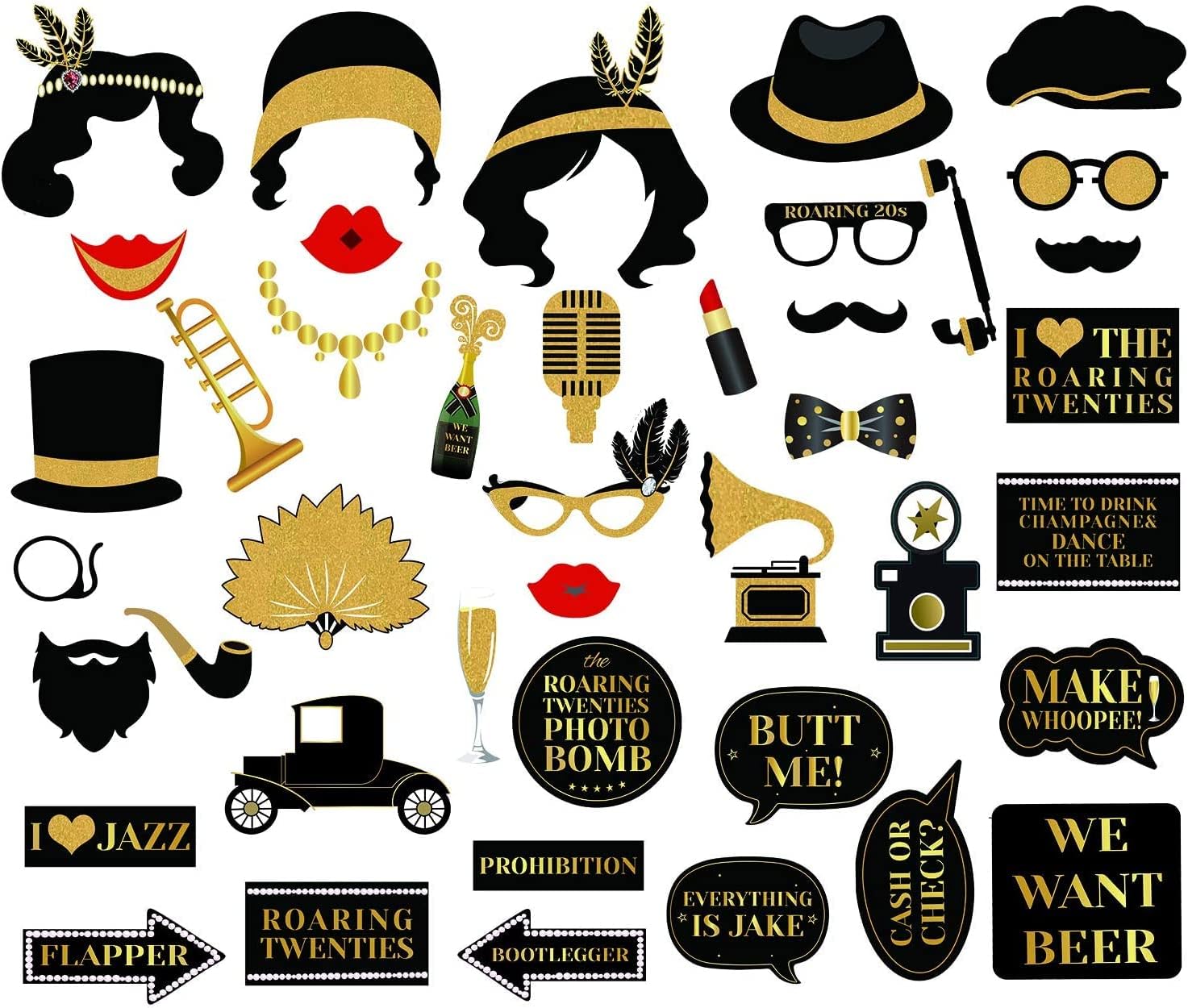 42Pcs 1920s Gatsby Photo Booth Props Roaring 20's Party Photo Props,1920s Supplies for Luxury Speakeasy Gangster Twenties Art Deco Jazz