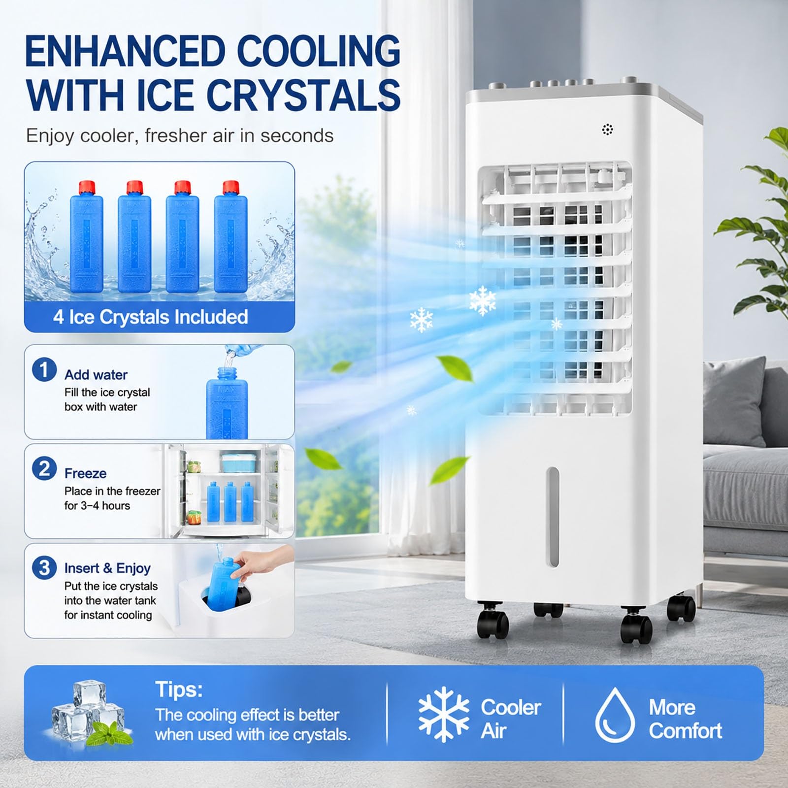 Climatizador Evaporativo 9L, Aire Acondicionado Portátil sin Tubo con Perillas Mecánicas, 90° Oscilación, 4 Acumuladores de Hielo para Hogar