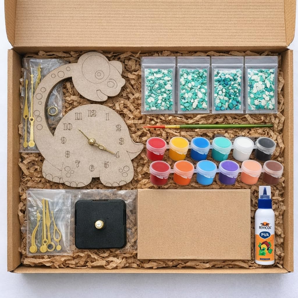 Decordial Dinosaur Kids DIY MDF Wall Clock Kit for Kids – Paint & Assemble Your Own Clock | Creative Arts & Crafts Educational Toy for Children
