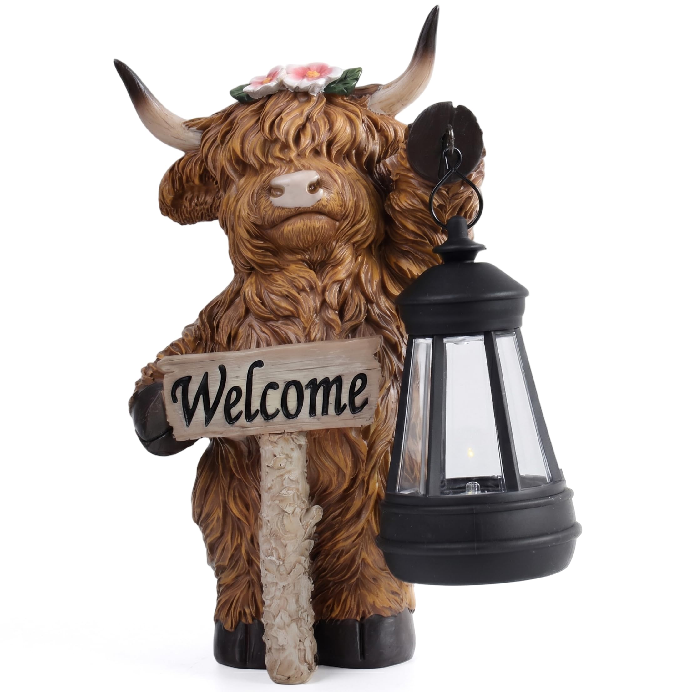 Goutdori Highland Cow Statue 8.5in Solar Outdoor Decor, Garden Statue with Welcome Sign and Lantern, Brown Highland Cow, Solar Outdoor Decor, Garden with Lantern, Brown, Welcome