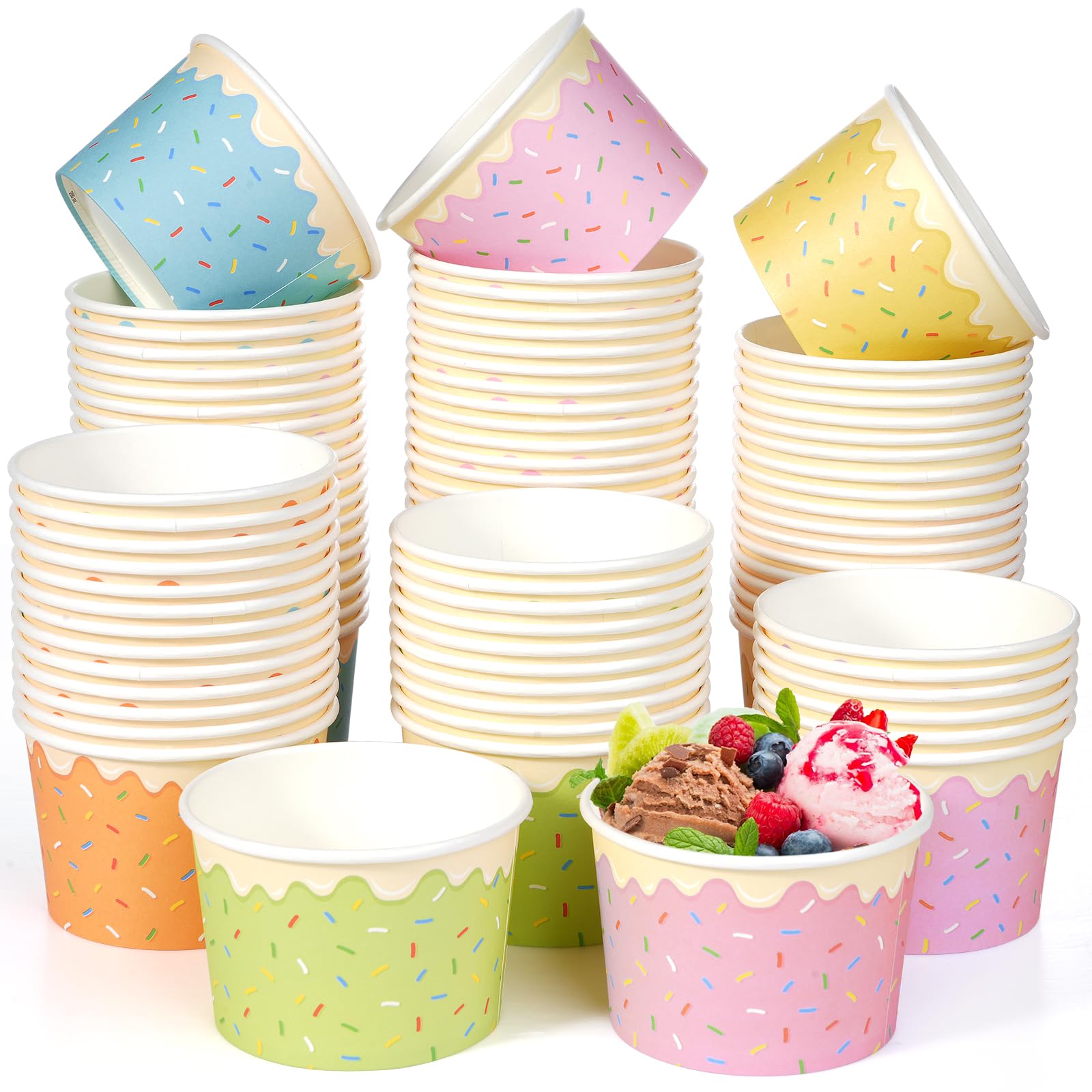 Hallswl 100pcs 9oz Ice Cream Bowls Disposable,Paper Ice Cream Cups,5 Color Sprinkles Food Containers for Dessert Snack Frozen Yogurt Soup and Summer