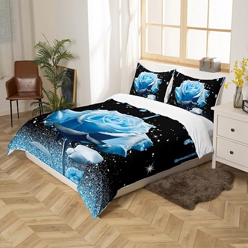 Miniatura 4 de Manfei Juego de funda de edredón de rosa azul 3D, tamaño matrimonial, funda de edredón brillante con purpurina azul con 2 fundas de almohada, juego