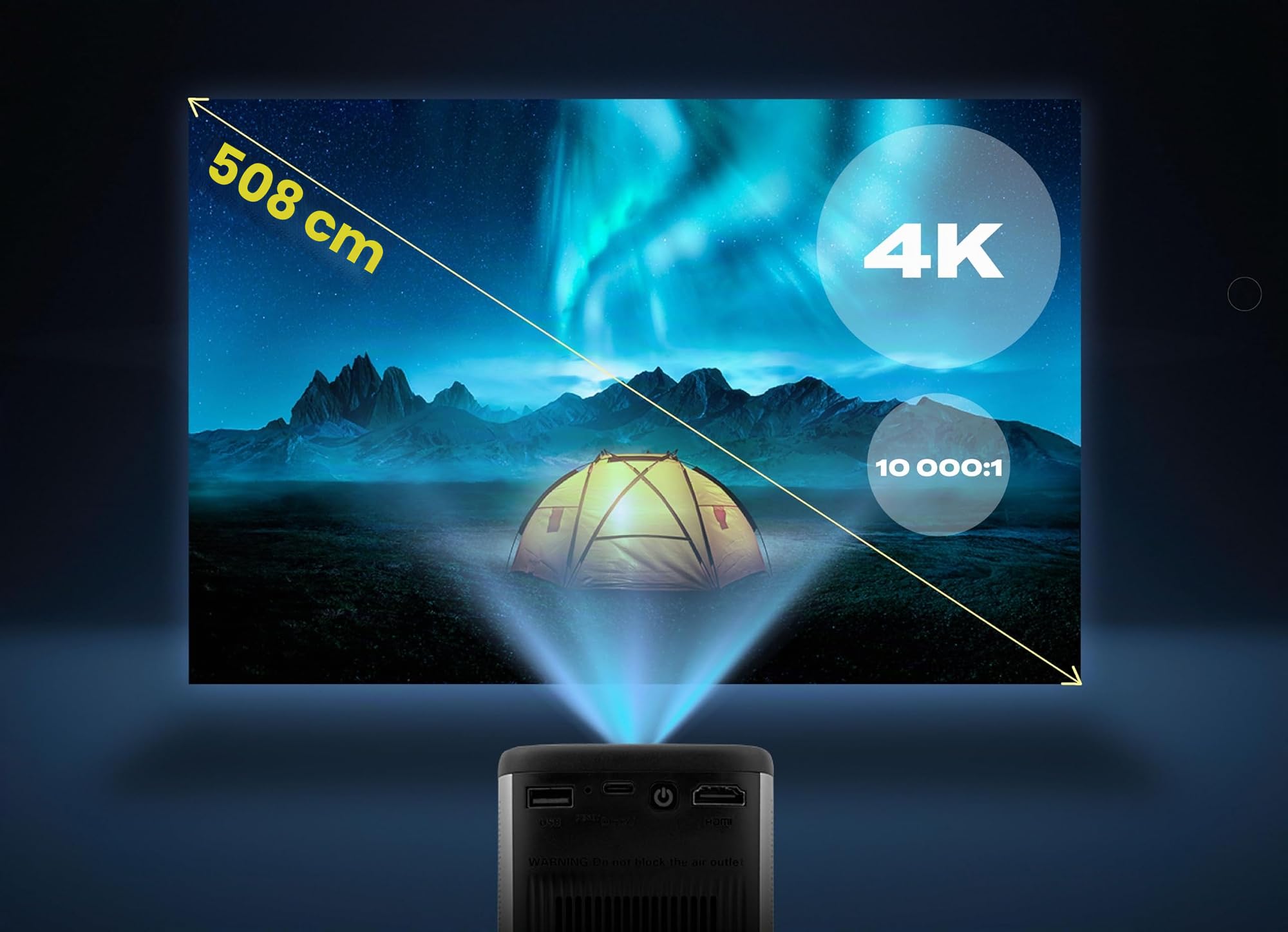 Multipic 8.1 - Proiettore Portatile Wireless con Risoluzione 4K, Luminosità 5000 Lumen, Auto Focus, Keystone, Android 9.0, Batteria Integrata 2,5h, Wi-Fi, Bluetooth, Altoparlanti 5W