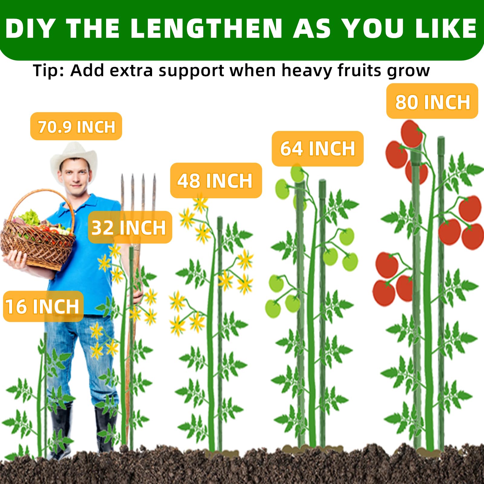 Garden Stakes 16 Inch 70 Pack, Diy 4ft 5ft 6ft 7ft 8ft Tomato Stakes Plastic Coated Metal Plant Sticks Stakes Supports with 40 Connectors 30 Rotatable Clips for Indoor Outdoor Plants Vegetable