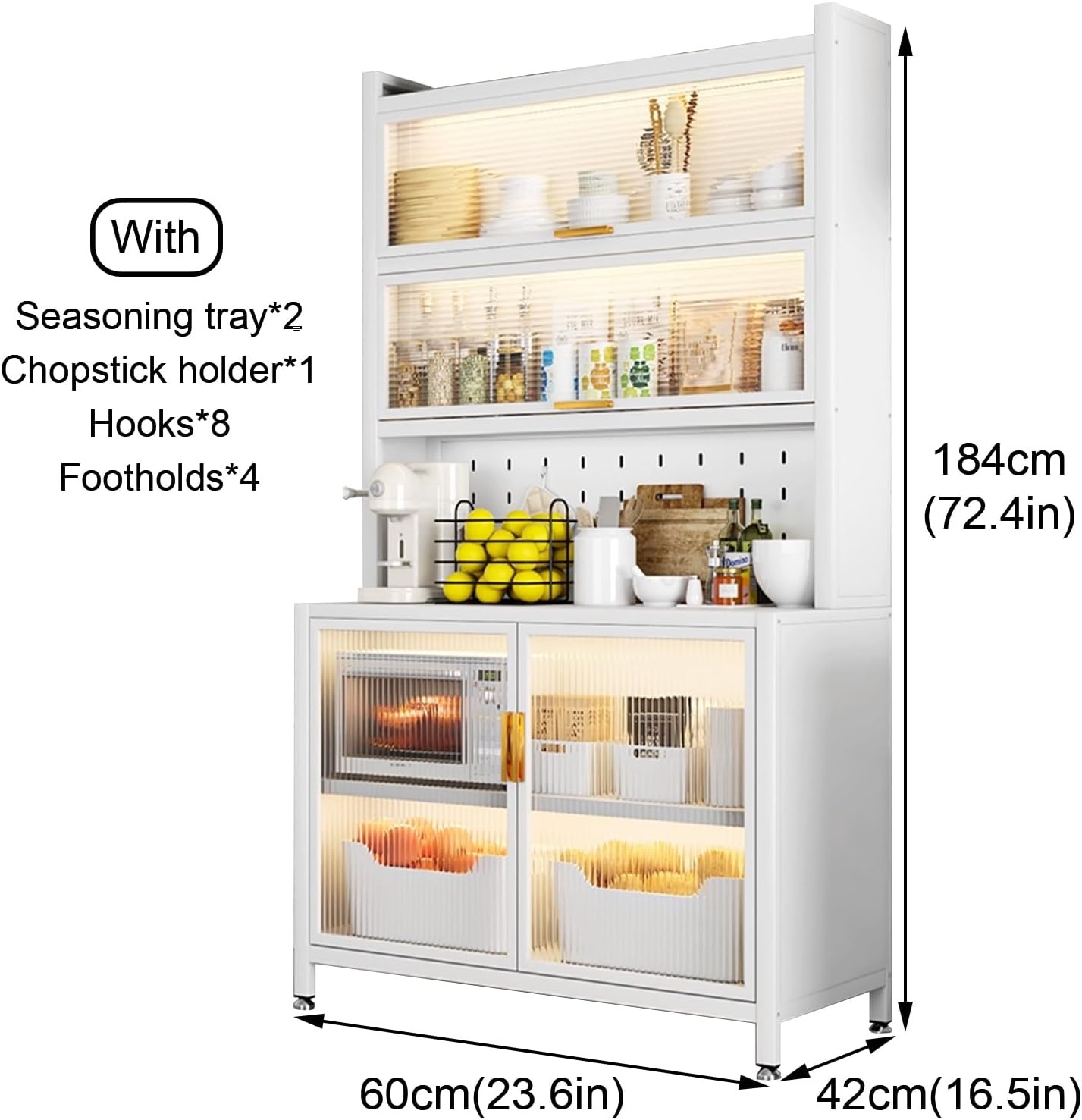 Freestanding Multi-Layer Kitchen Floor Cupboard，Microwave Storage Stand,Bakers Racks for Kitchens, 6-Tier Microwave Stand with Storage Cabinet, Farmhouse Kitchen Coffee Bar with Hooks, Large