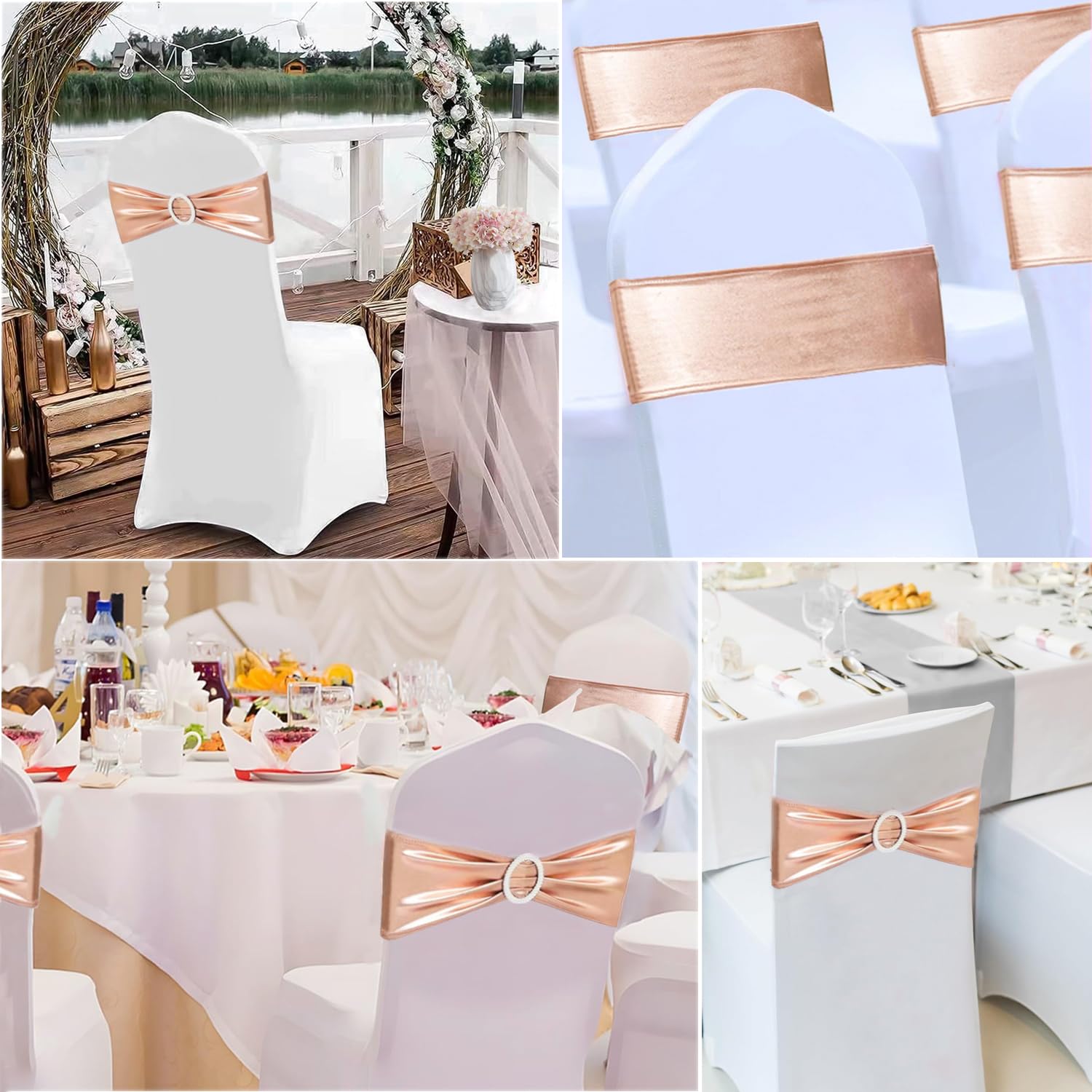Zestaw 50 sztuk szarf na krzesło w kolorze różowego złota – opaski na krzesła z klamrą na wesela, wieczór panieński, baby shower, przyjęcia urodzinowe i dekoracje bankietowe