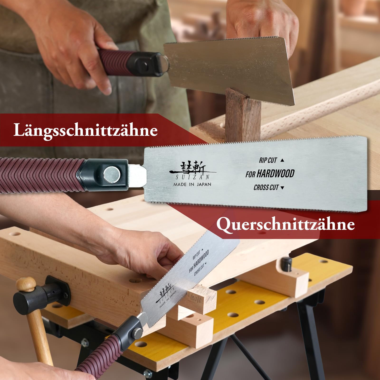 SUIZAN Ryoba Zweischneidige Säge 210mm für Hartholz - Japansäge Handsäge | Professionelle Japan Säge Zugsäge Holzsäge Zimmerei Schreinerei Holzbearbeitung Möbelbau Längsschnitt Querschnitt Holz Saw