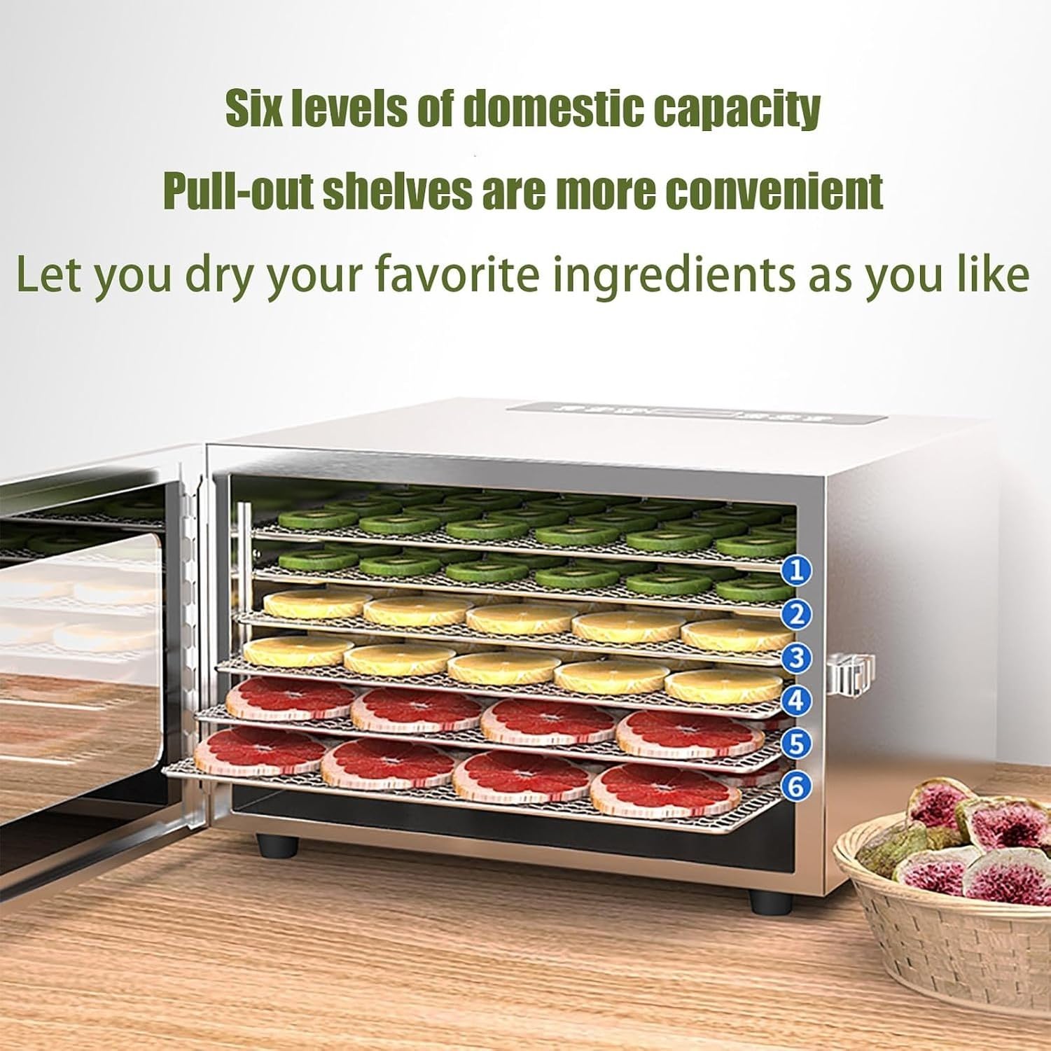 Essiccatore Alimentare 6 Vassoi in Acciaio Inox 400W, Asciugatrice per Frutta Carne e Verdure, Termostato Regolabile 30-90°C per Snack Sani e Yogurt