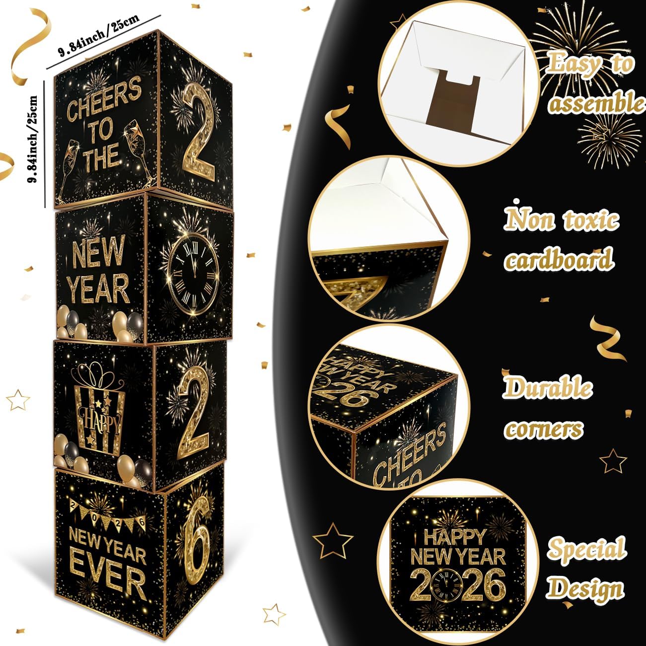Happy New Year Decorations 2026 New Years Eve Party Supplies Black and Gold Balloon Boxes 2026 Cheers to the Birthday Party Decor Backdrop image 3
