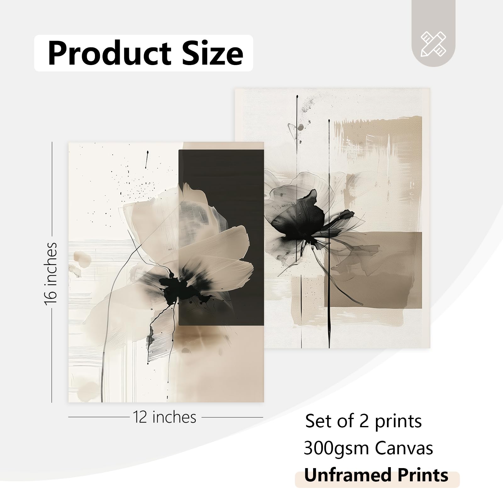 Abstract Floral Wall Art Minimalist Neutral Canvas Painting Beige Black 12x16
