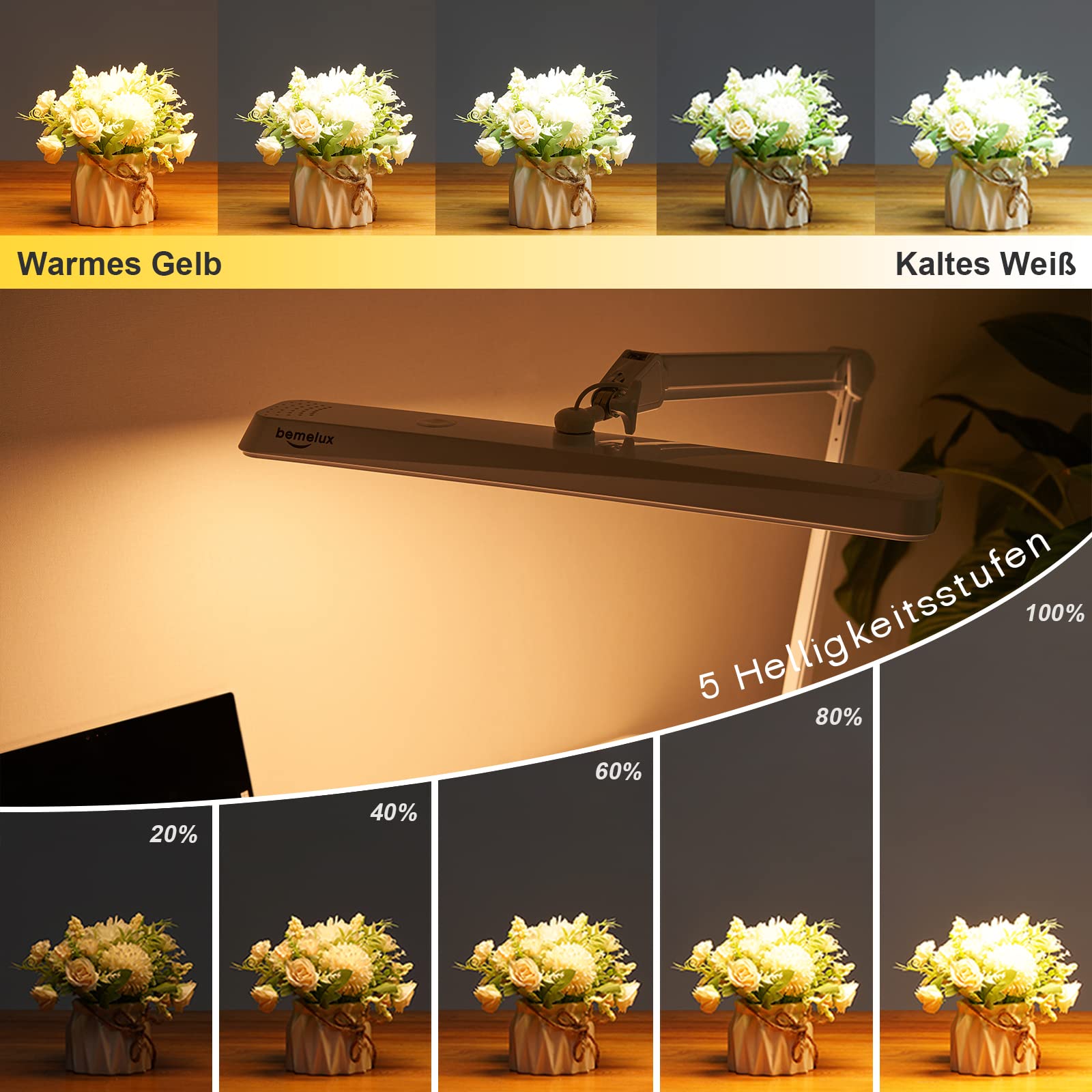 Drehbare LED-Schreibtischlampe mit Klemme, 24W, 2000 Lumen, 56cm-Ultra-Wide-Lampenschirm, 234 SMD-LEDs, 5 Helligkeitsstufen, 5 Farbtemperaturen einstellbar (Weiß)