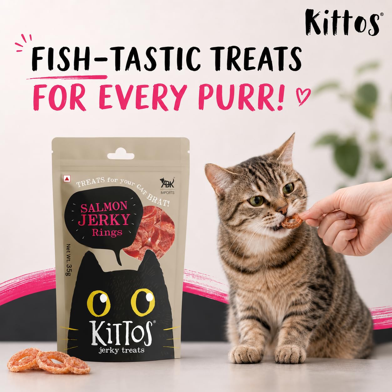 Kittos Cat Treats Multi-Flavour Pack High Protein Cat Snacks with Chicken Salmon Rings Tuna Jerky & Snapper Jerky Strips Pack of 4 35g Each Healthy Training Treats 2